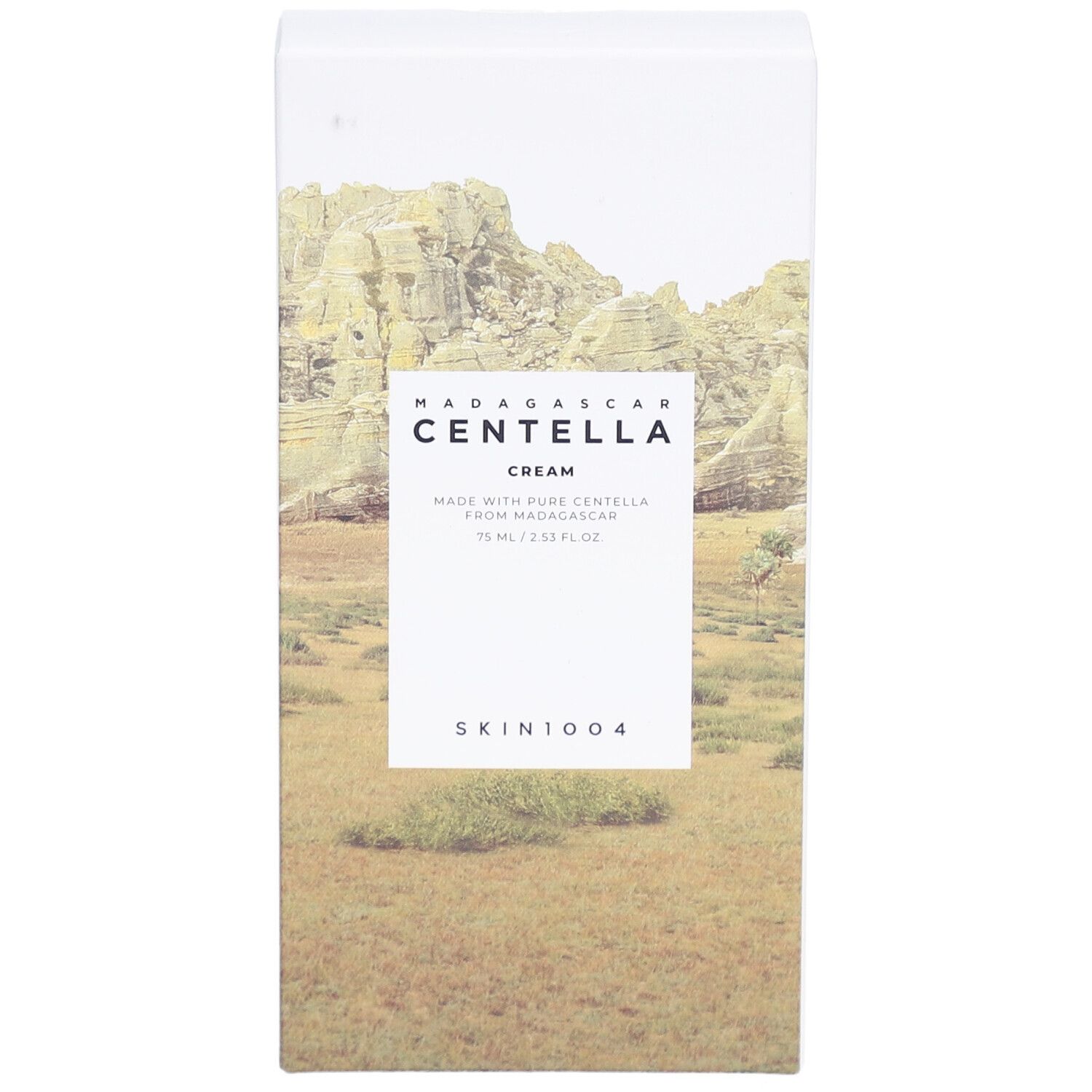Vorderseite der SKIN1004 MADAGASCAR CENTELLA CREAM Verpackung. Produktname und Landschaftsbild.