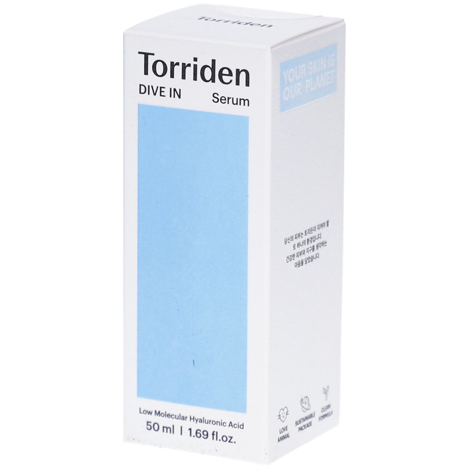 Weiße Verpackung mit blauem Feld. Aufschrift: Torriden DIVE IN Serum. Unten: 50 ml | 1.69 fl.oz.