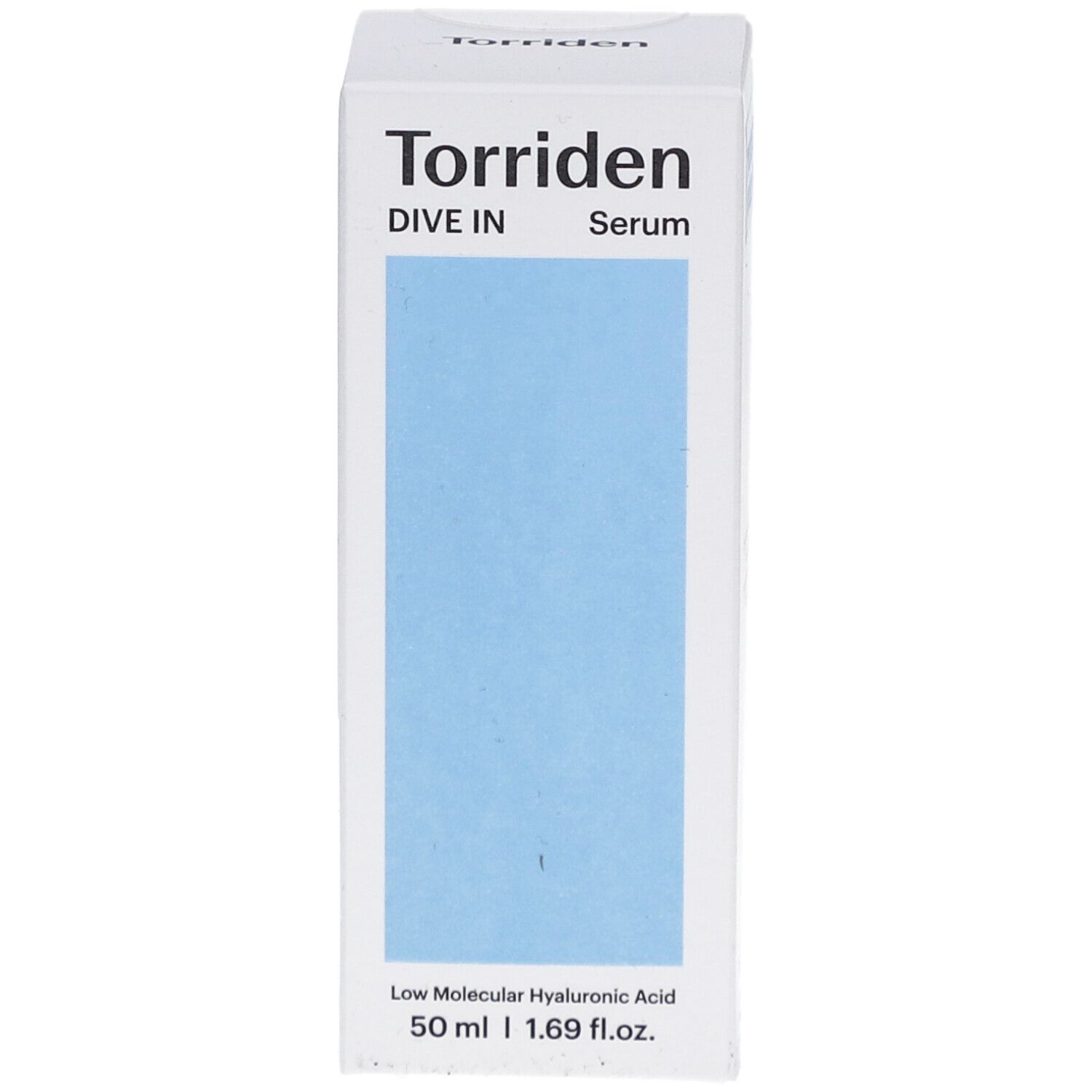 Weiße Verpackung mit blauem Feld. Aufschrift: Torriden DIVE IN Serum. Unten: 50 ml | 1.69 fl.oz.