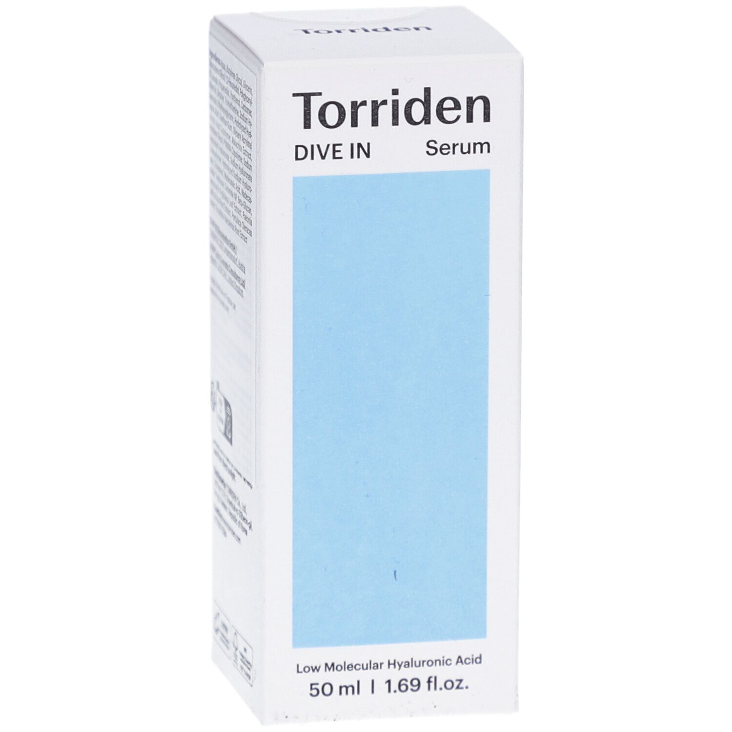 Weiße Verpackung mit blauem Feld. Aufschrift: Torriden DIVE IN Serum.