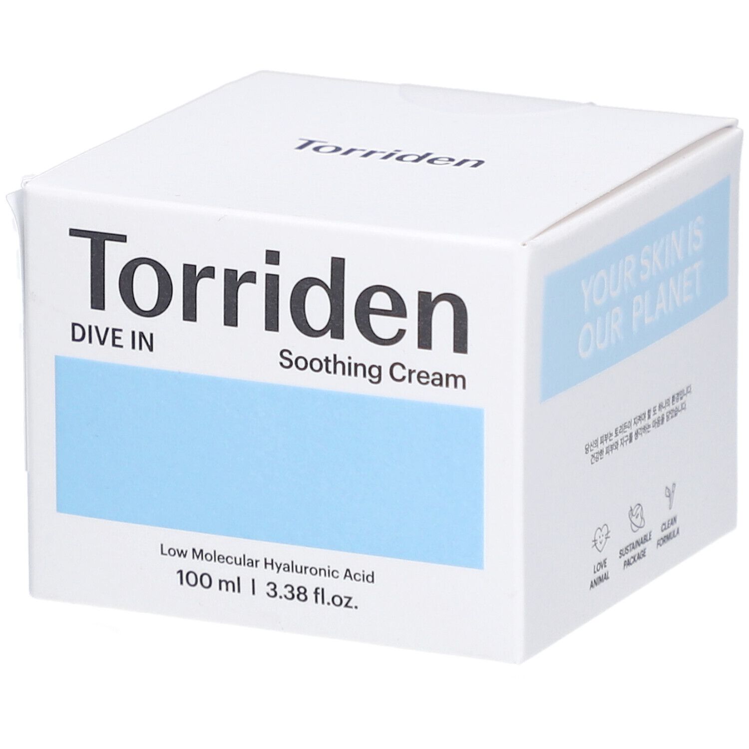Weiße Verpackung mit blauem Feld. Aufschrift: Torriden, Dive In, Soothing Cream. Enthält Hyaluronsäure. 100 ml.