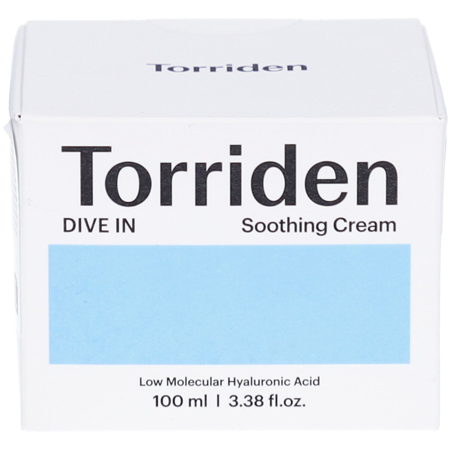 Weiße Verpackung mit blauem Feld. Aufschrift: Torriden, Dive In, Soothing Cream. Enthält Hyaluronsäure. 100 ml.