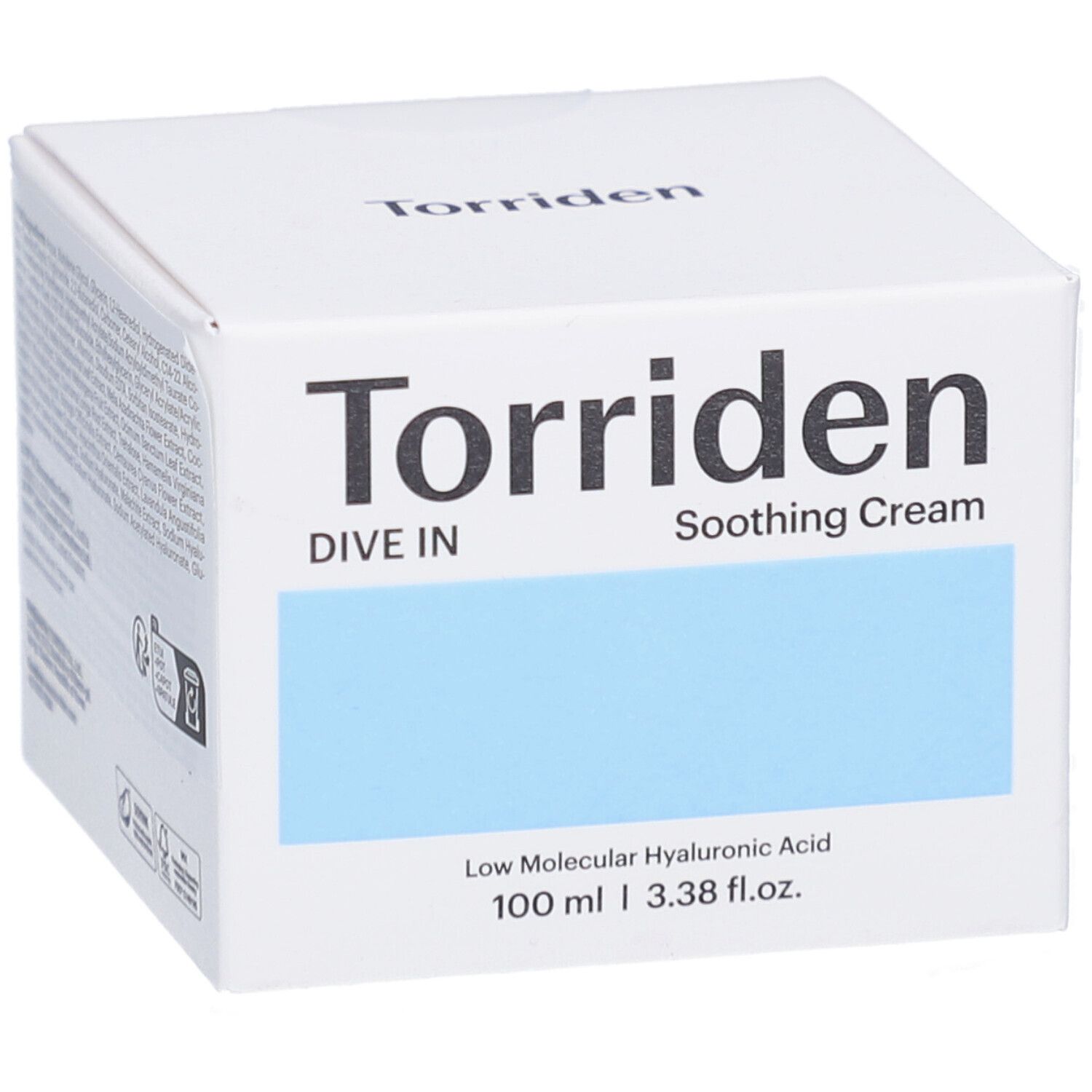 Weiße Verpackung mit blauem Feld. Aufschrift: Torriden, Dive In, Soothing Cream. Enthält Hyaluronsäure. 100 ml.