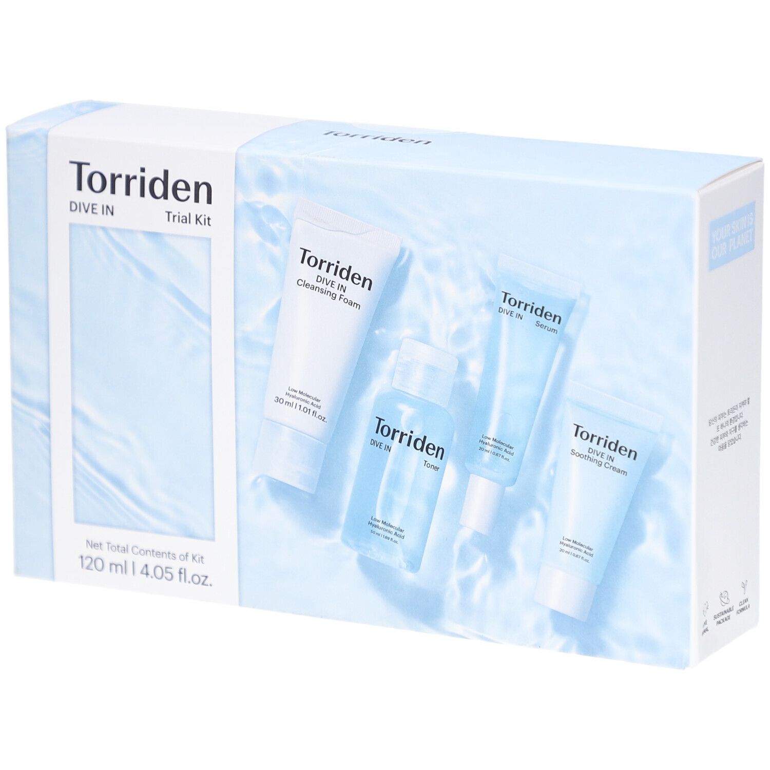 Hellblaue Verpackung mit Torriden Dive In Trial Kit. Enthält vier Produkte. Aufschrift: Torriden, Dive In Trial Kit, 120 ml.