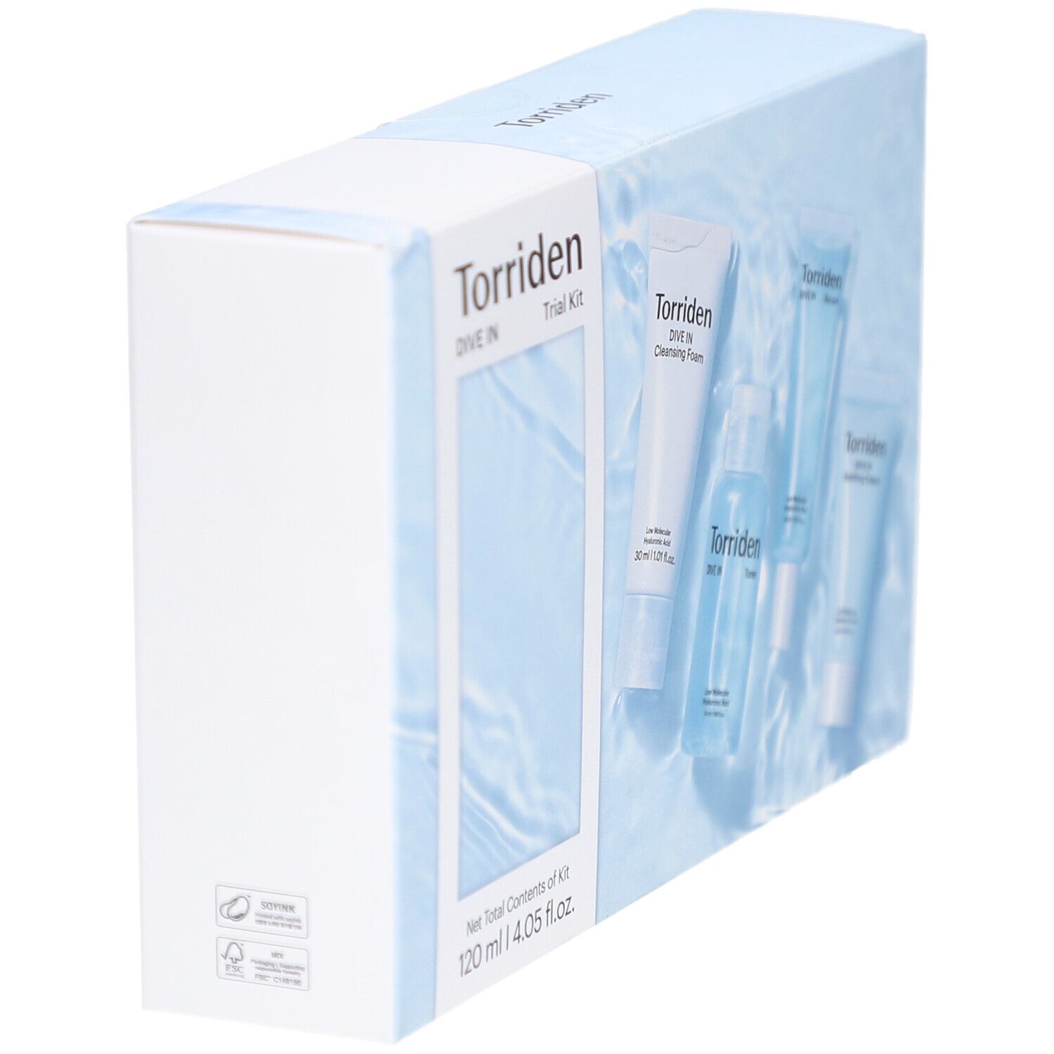 Schrägansicht der Verpackung des Torriden Dive In Trial Kits. Aufschrift: Torriden, Dive In Trial Kit. Sichtfenster mit Produkten.