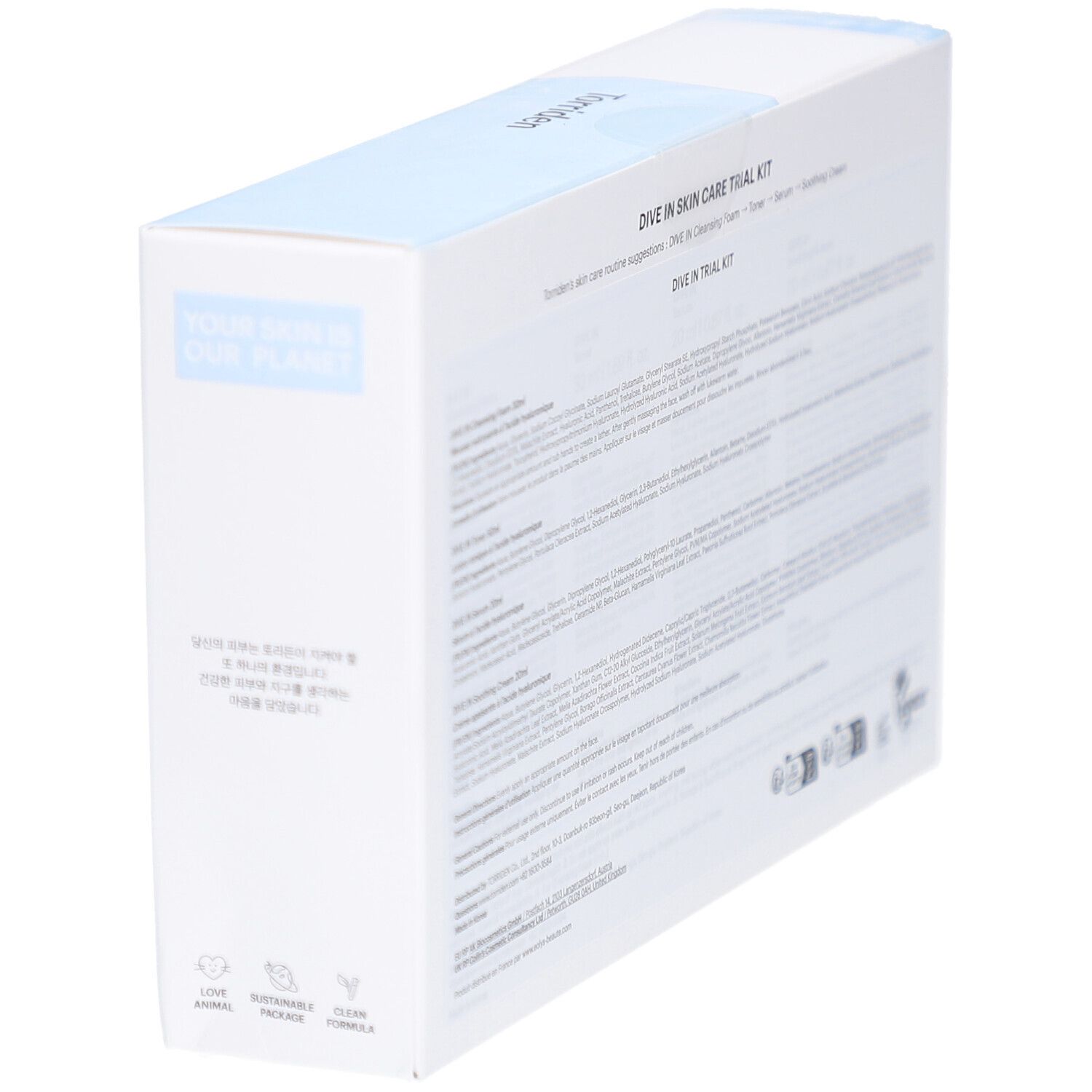 Schrägansicht der Verpackung des Torriden Dive In Trial Kits. Text in mehreren Sprachen. Vegan-Siegel.