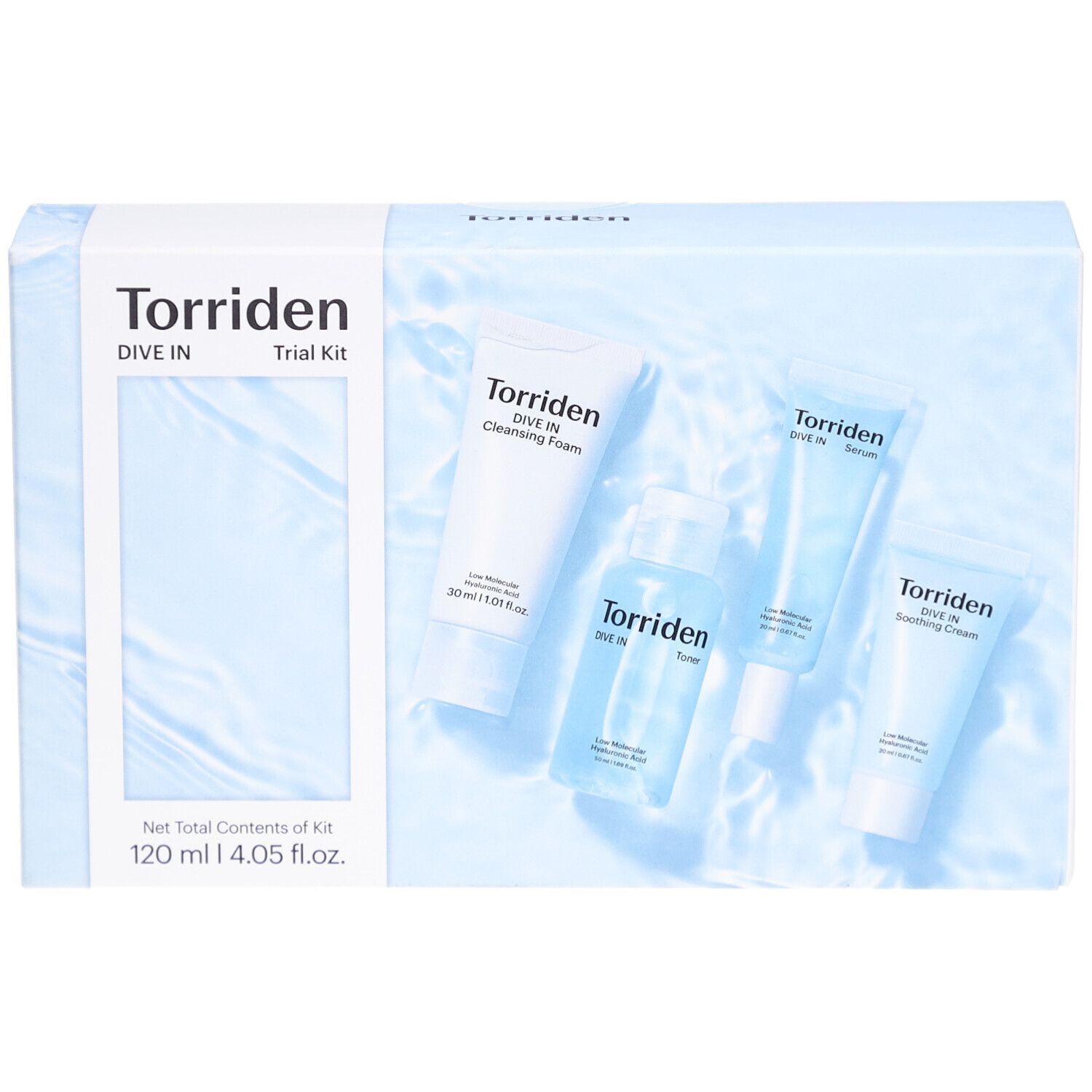Hellblaue Verpackung mit Torriden Dive In Trial Kit. Enthält vier Produkte. Aufschrift: Torriden, Dive In Trial Kit, 120 ml.