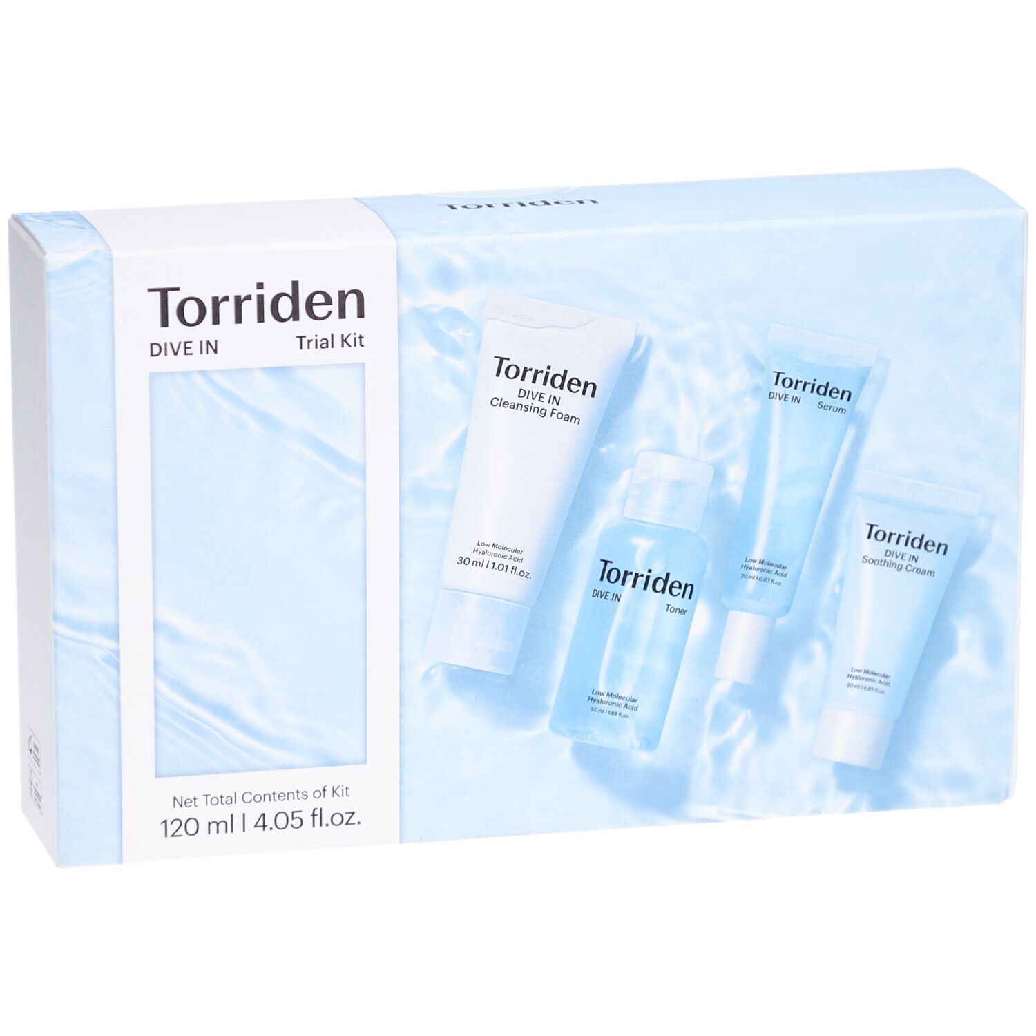 Hellblaue Verpackung mit Torriden Dive In Trial Kit. Enthält vier Produkte. Aufschrift: Torriden, Dive In Trial Kit, 120 ml.