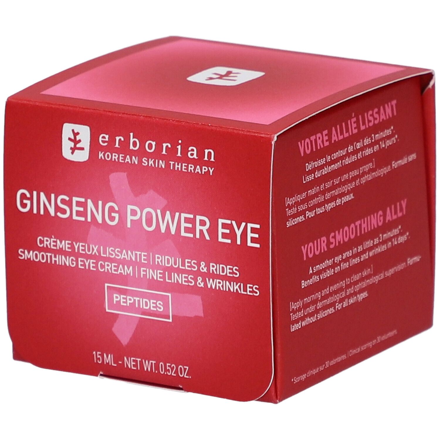 Boîte rouge avec nom et texte du produit. Contient Ginseng Power Eye Crème. 15 ml.