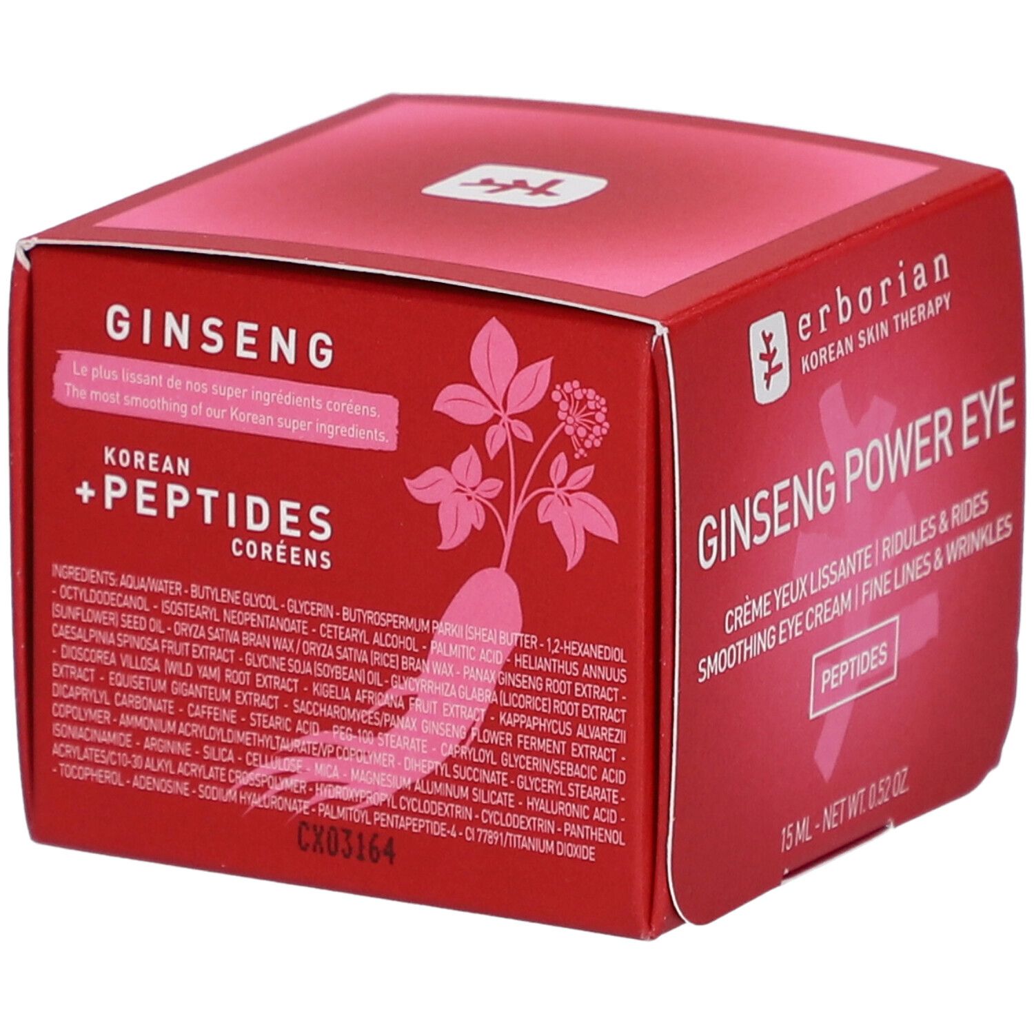 Boîte rouge avec nom du produit et ingrédients. Contient Ginseng Power Eye Crème. 15 ml.