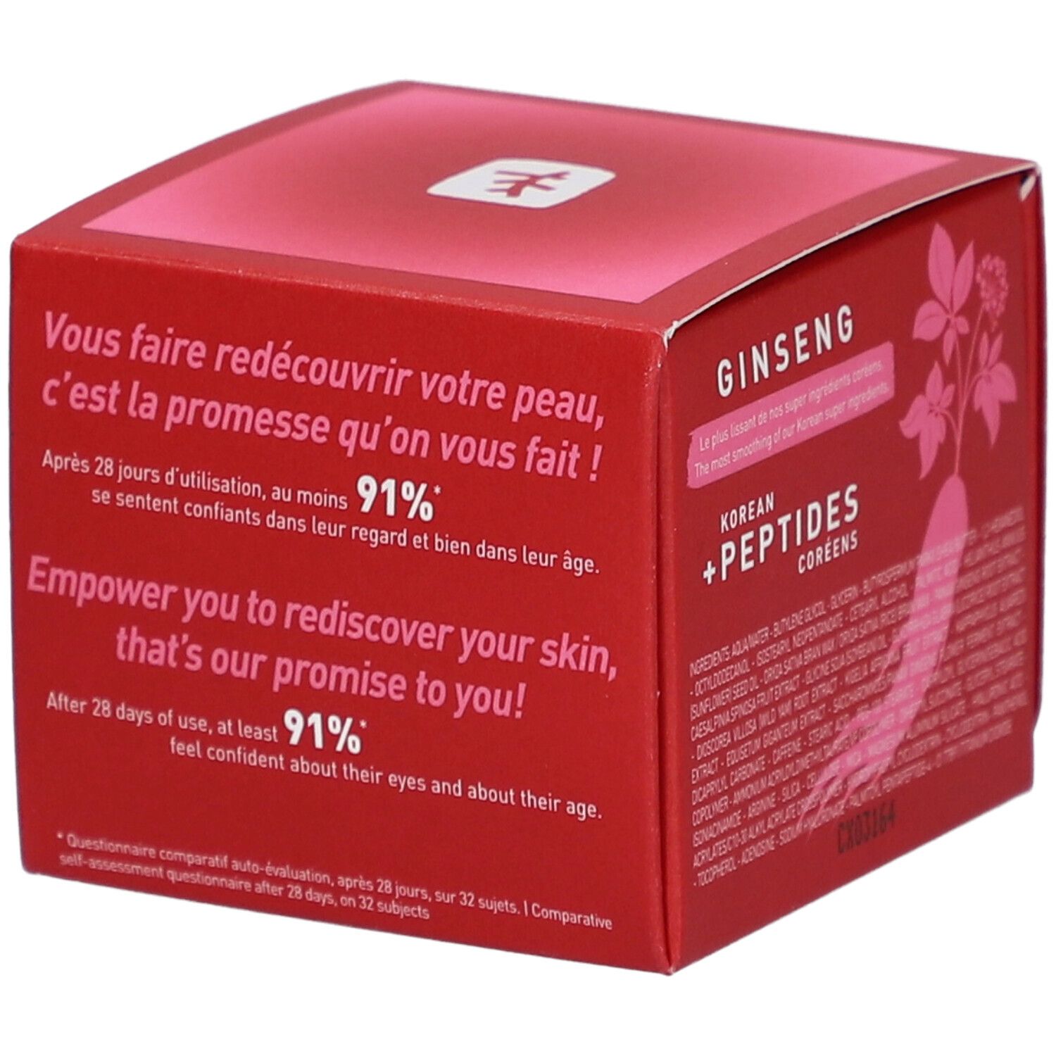 Boîte rouge avec informations et texte sur le produit. Contient Ginseng Power Eye Crème. 15 ml.