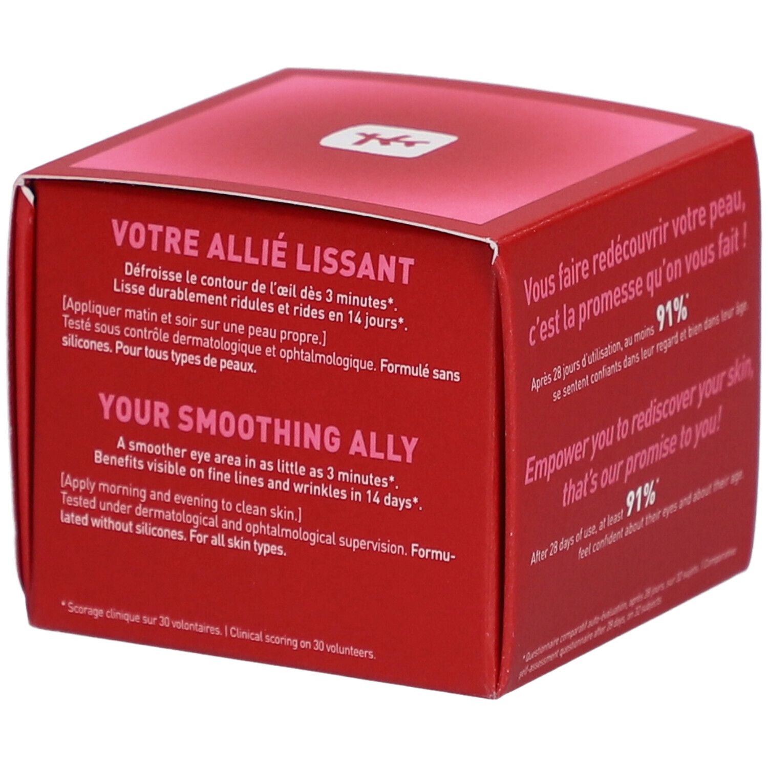 Boîte rouge avec informations et texte sur le produit. Contient Ginseng Power Eye Crème. 15 ml.