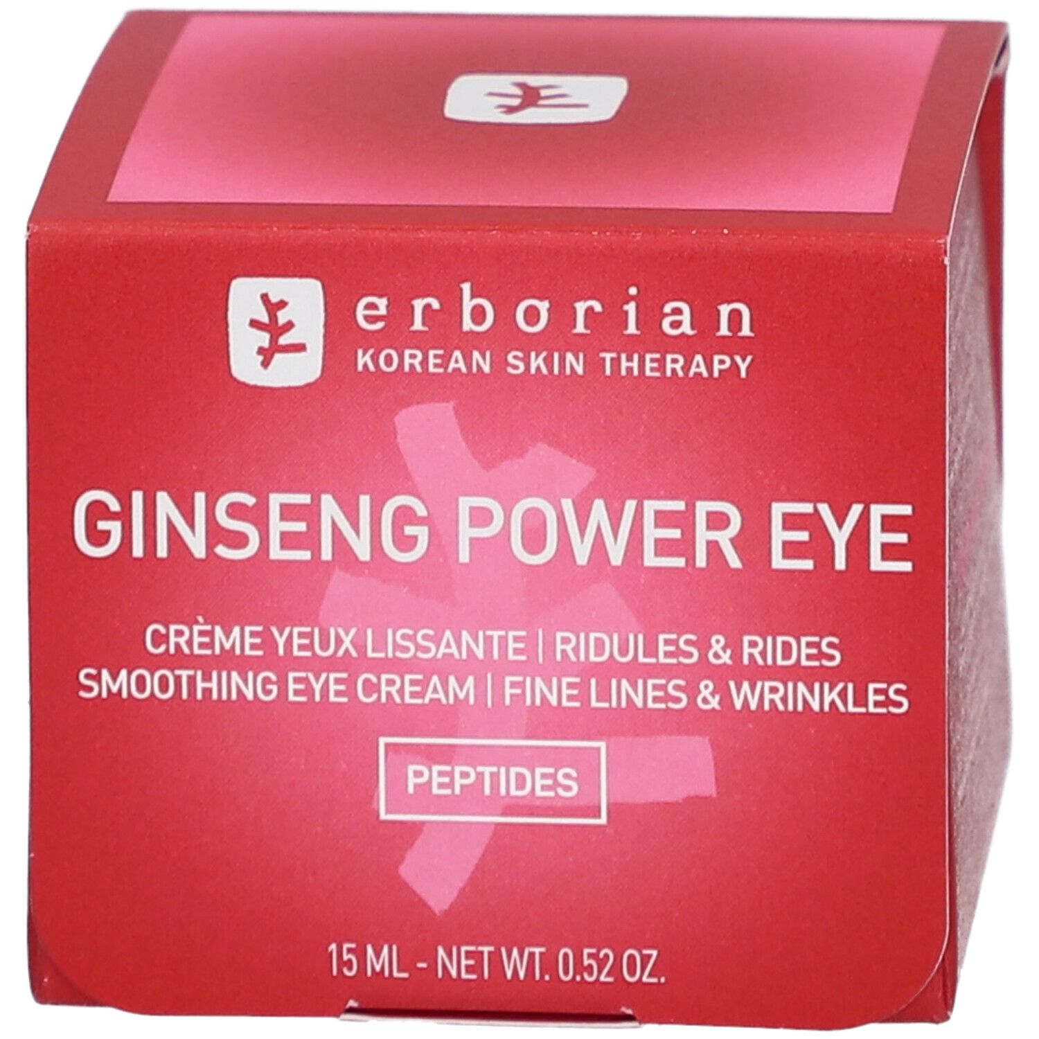 Boîte rouge avec nom et texte du produit. Contient Ginseng Power Eye Crème. 15 ml.