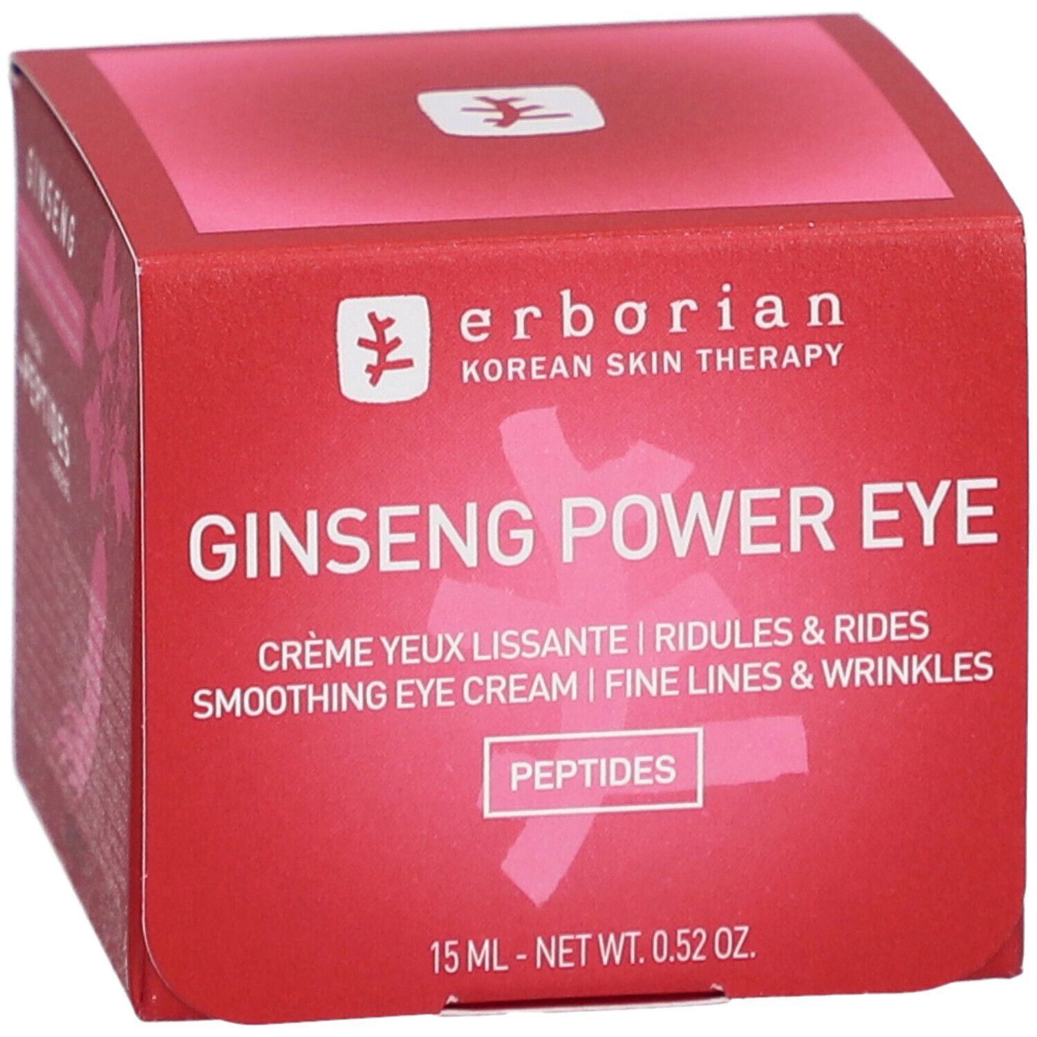 Boîte rouge avec nom et texte du produit. Contient Ginseng Power Eye Crème. 15 ml.