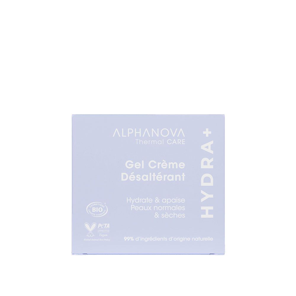 Boîte carrée lilas clair. Inscription: ALPHANOVA Thermal CARE, Gel Crème Désaltérant, Hydra+. Labels Bio et PETA.