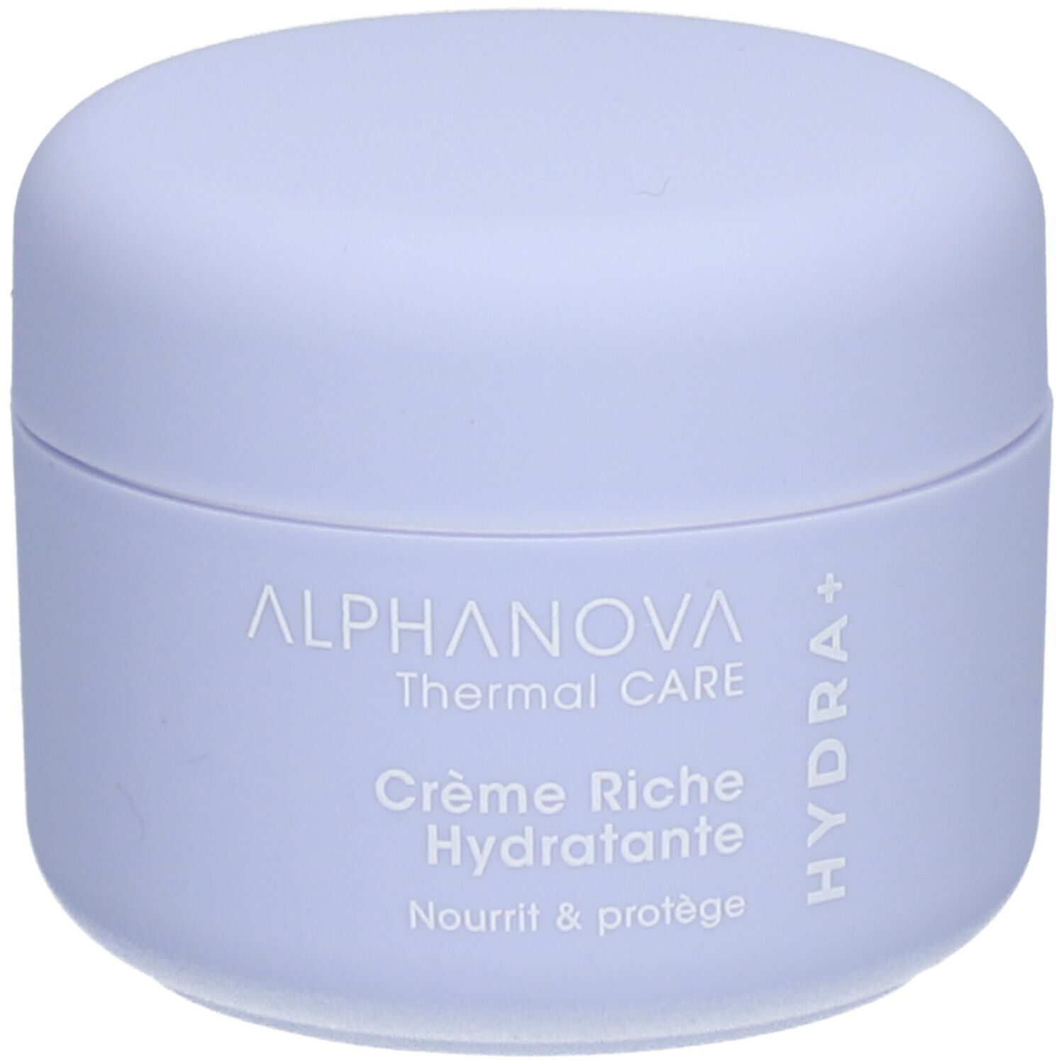 Pot de crème hydratante lilas clair. Inscriptions: ALPHANOVA Thermal CARE Crème Riche Hydratante. Logo Hydra+.