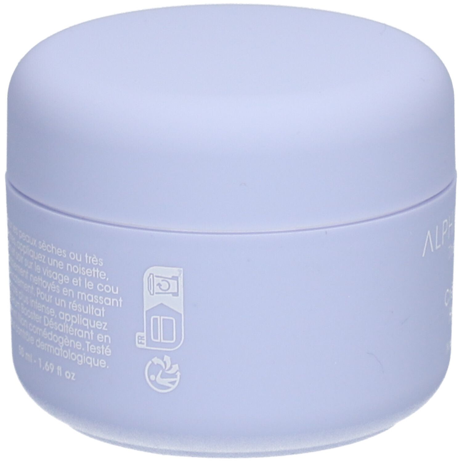 Pot lilas clair. Inscriptions et pictogrammes. Texte: 50 ml - 1.69 fl. oz.
