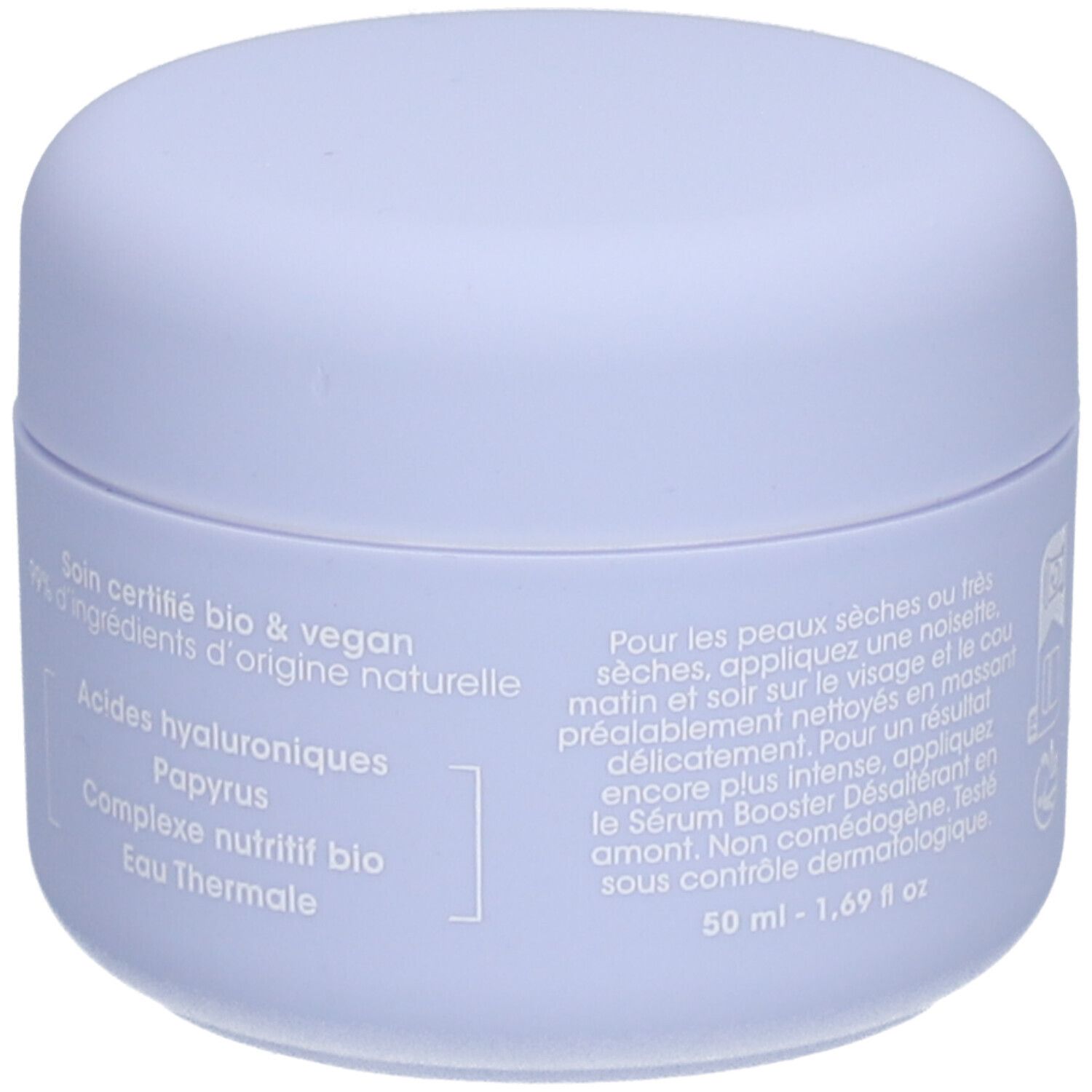 Pot lilas clair. Inscriptions: Soin certifié bio & vegan. Ingrédients: Acides hyaluroniques, Papyrus, Eau Thermale.