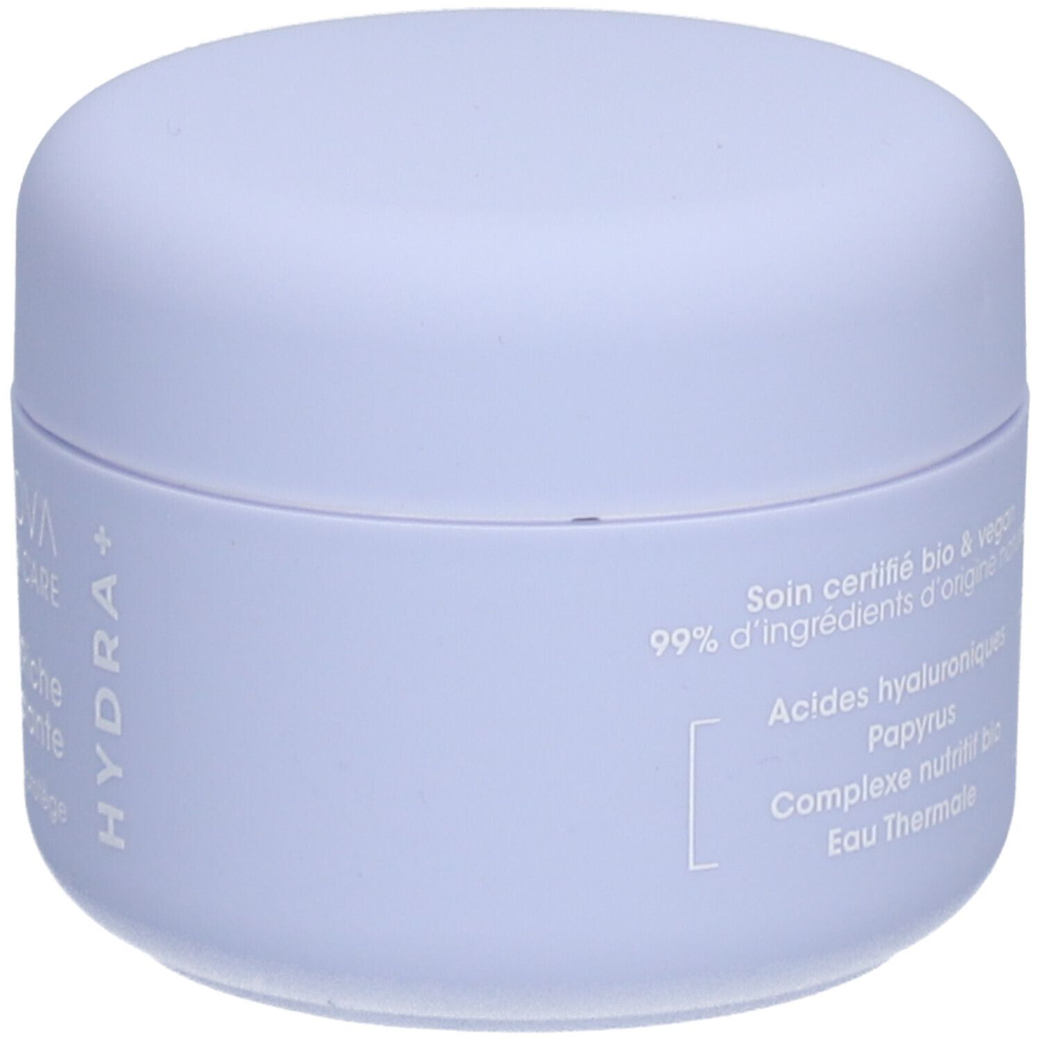 Pot lilas clair. Inscriptions: Soin certifié bio & vegan. Ingrédients: Acides hyaluroniques, Papyrus, Eau Thermale.