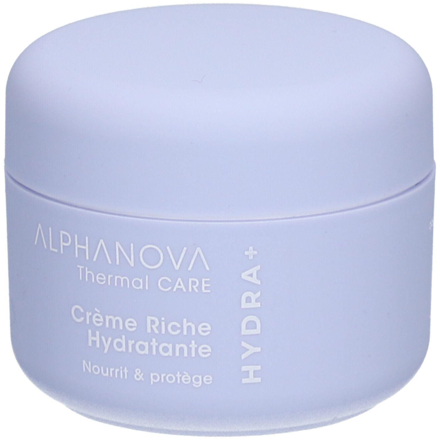 Pot de crème hydratante lilas clair. Inscriptions: ALPHANOVA Thermal CARE Crème Riche Hydratante. Logo Hydra+.