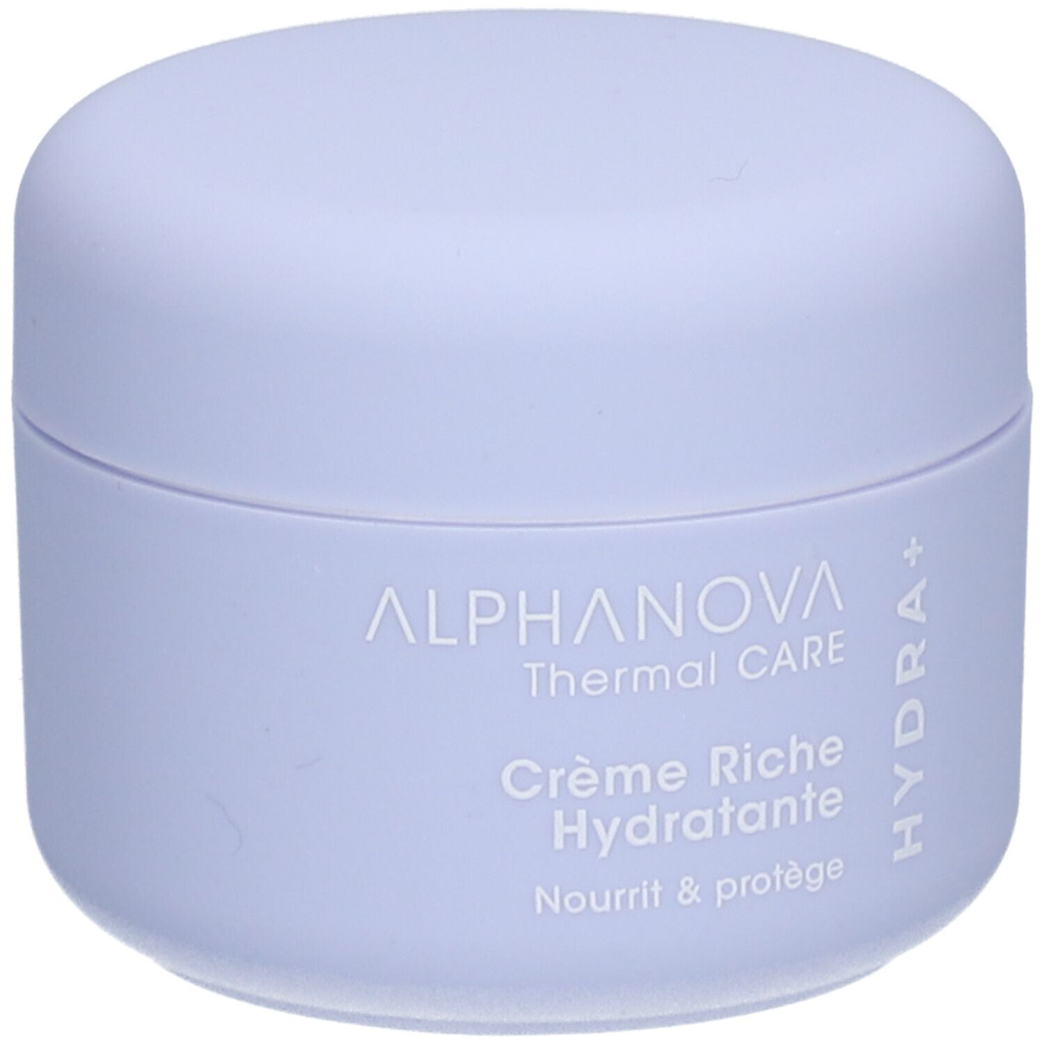 Pot de crème hydratante lilas clair. Inscriptions: ALPHANOVA Thermal CARE Crème Riche Hydratante. Logo Hydra+.