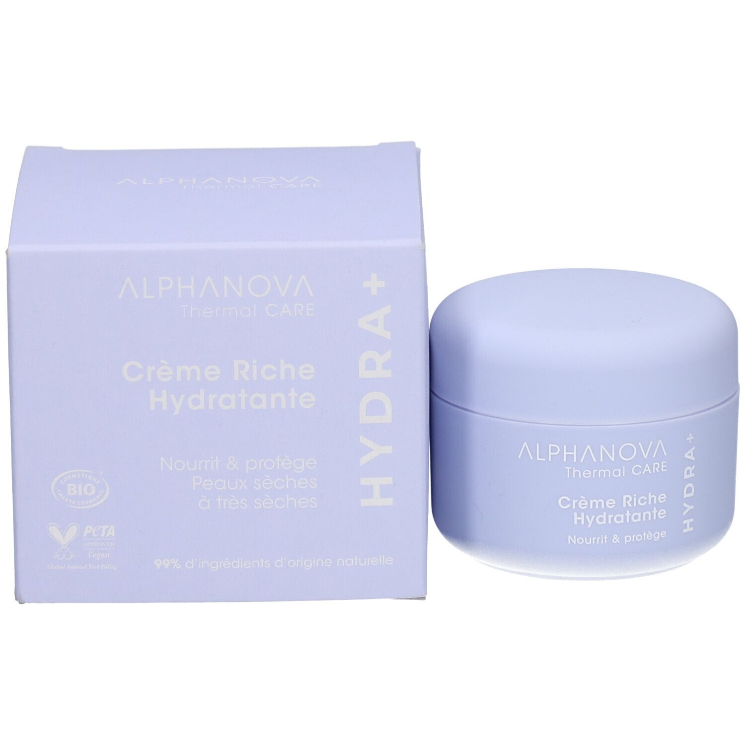 Boîte et pot lilas clair. Inscriptions: ALPHANOVA Thermal CARE Crème Riche Hydratante. Labels Bio et Vegan.