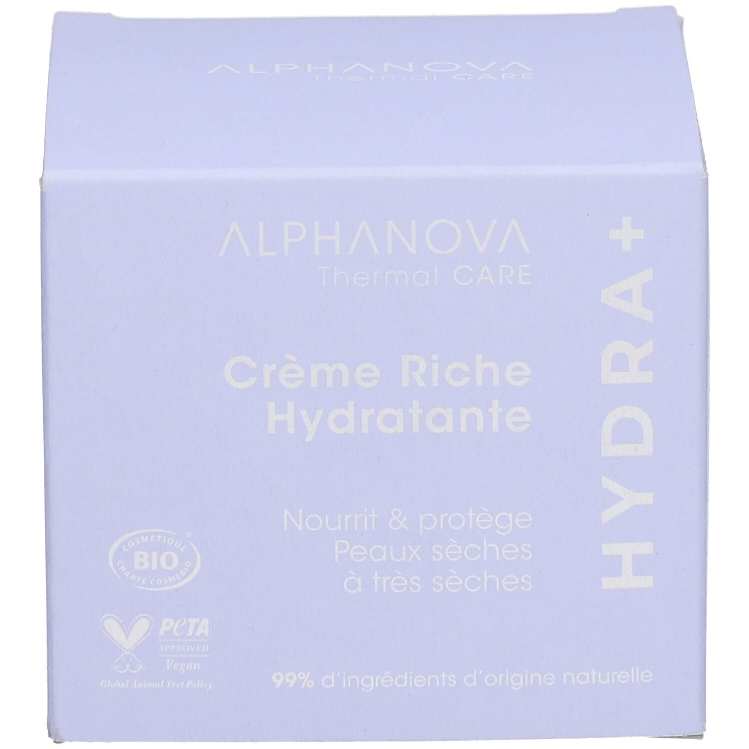 Boîte lilas clair. Inscriptions: ALPHANOVA Thermal CARE Crème Riche Hydratante. Labels Bio et Vegan.