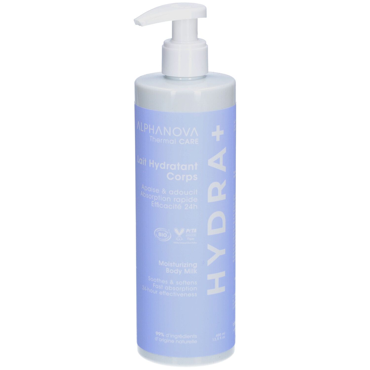 Flacon avec pompe blanche. Inscription: ALPHANOVA Thermal Care, Hydra+, Lait Hydratant Corps. Label vegan.