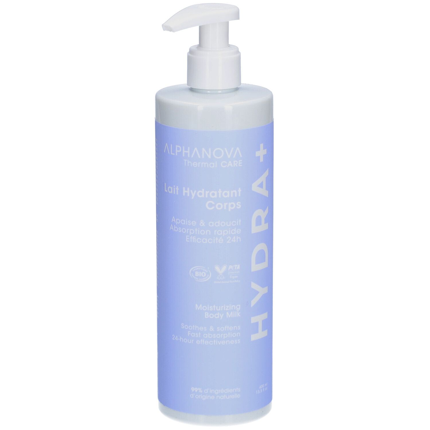 Flacon avec pompe blanche. Inscription: ALPHANOVA Thermal Care, Hydra+, Lait Hydratant Corps. Label vegan.