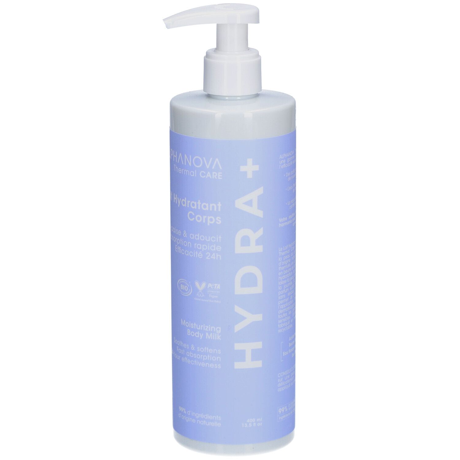 Flacon avec pompe blanche. Inscription: ALPHANOVA Thermal Care, Hydra+, Lait Hydratant Corps. Label vegan.