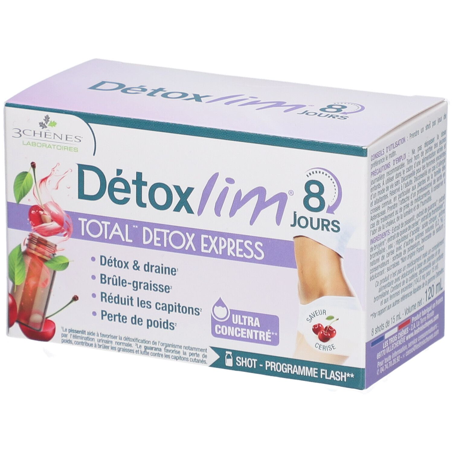 Boîte Les 3 Chênes Detoxlim. 8 jours. Total Detox Express. Saveur cerise. Ultra concentré.