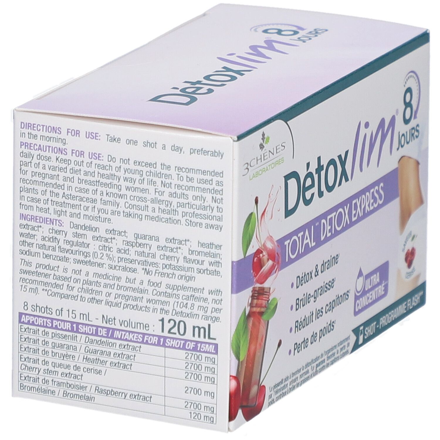 Boîte Les 3 Chênes Detoxlim. 8 jours. Total Detox Express. Ingrédients et conseils d'utilisation.