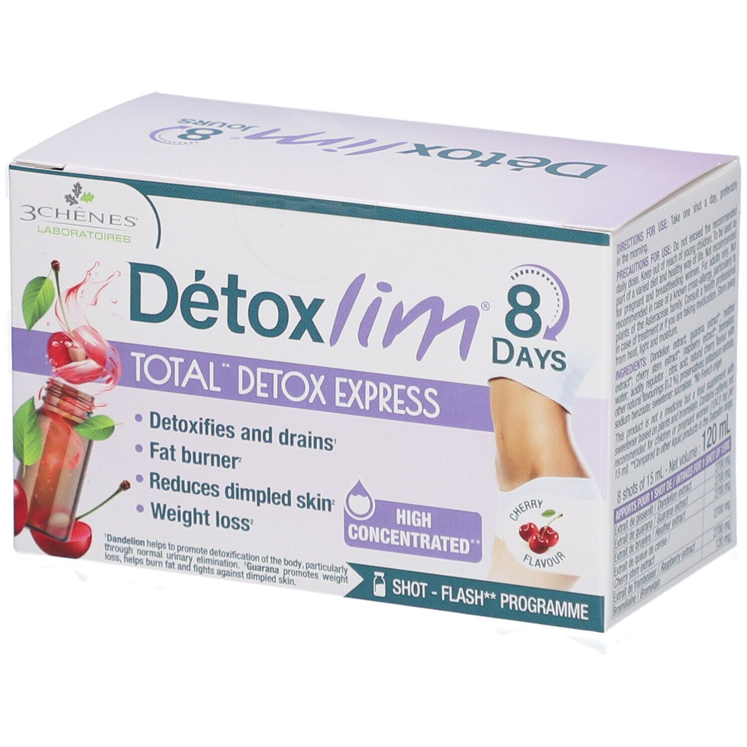 Boîte Les 3 Chênes Detoxlim. 8 jours. Total Detox Express. Saveur cerise. Hautement concentré.