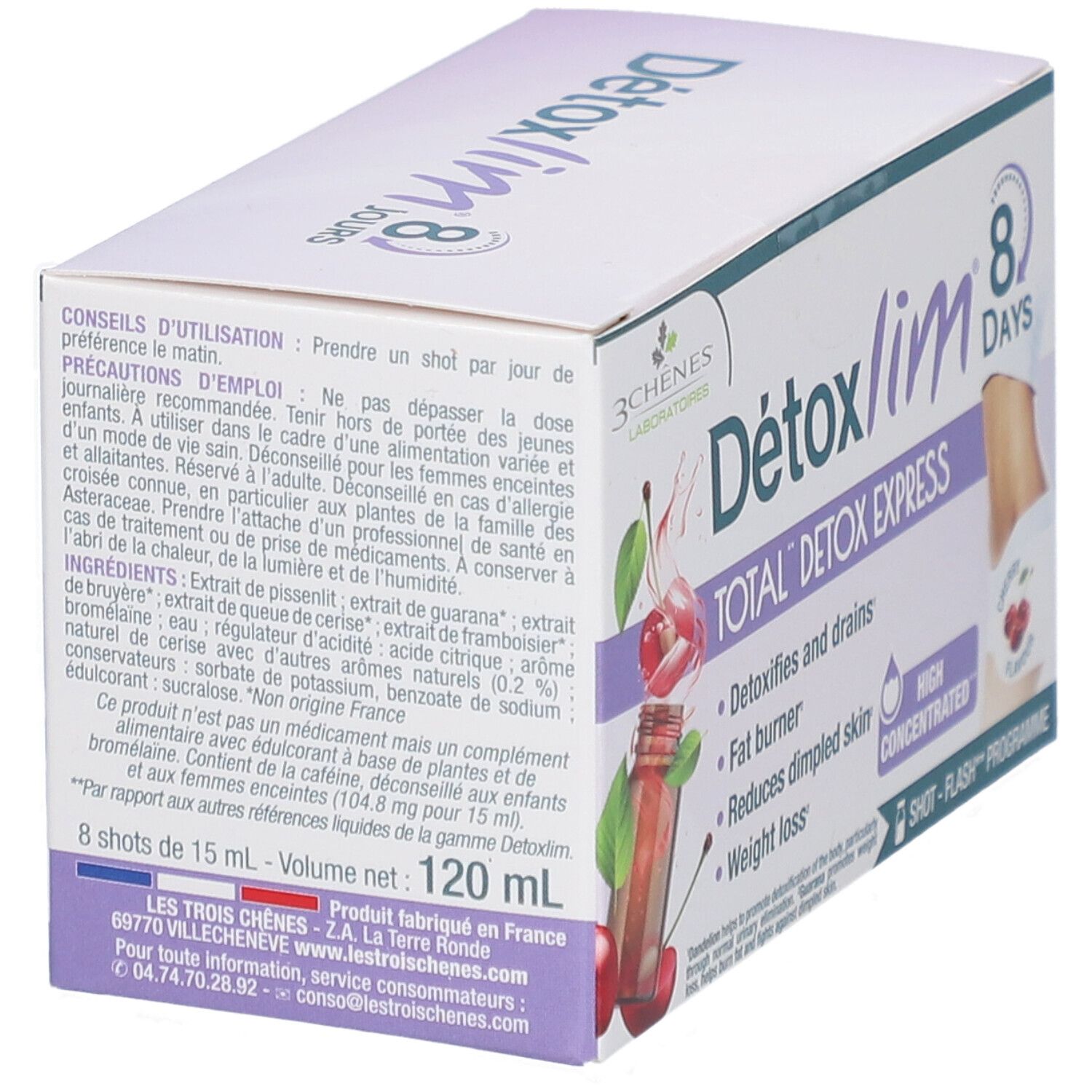 Boîte Les 3 Chênes Detoxlim. 8 jours. Total Detox Express. Ingrédients et conseils d'utilisation.