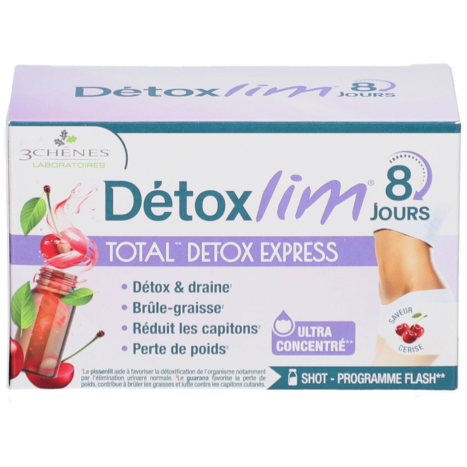 Boîte Les 3 Chênes Detoxlim. 8 jours. Total Detox Express. Saveur cerise. Ultra concentré.