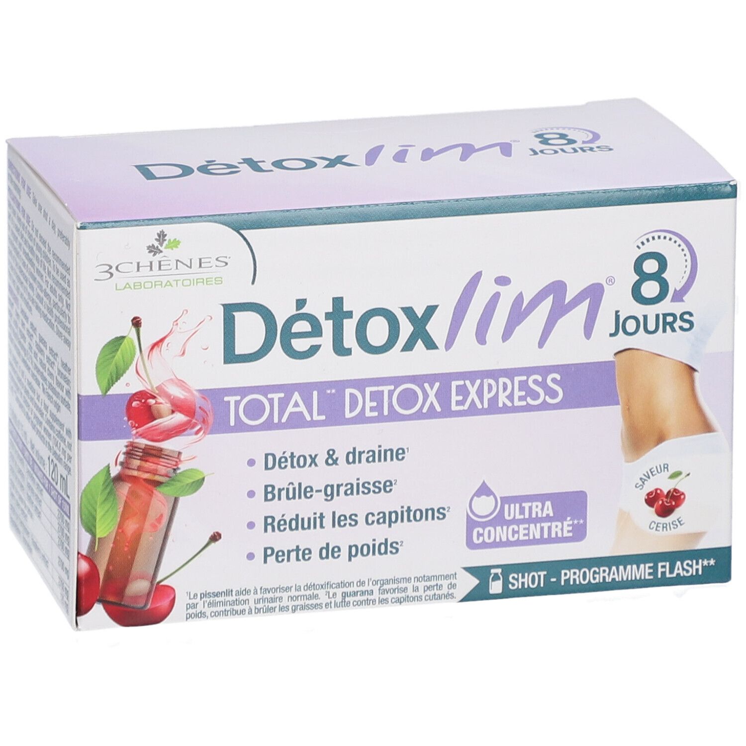 Boîte Les 3 Chênes Detoxlim. 8 jours. Total Detox Express. Saveur cerise. Ultra concentré.