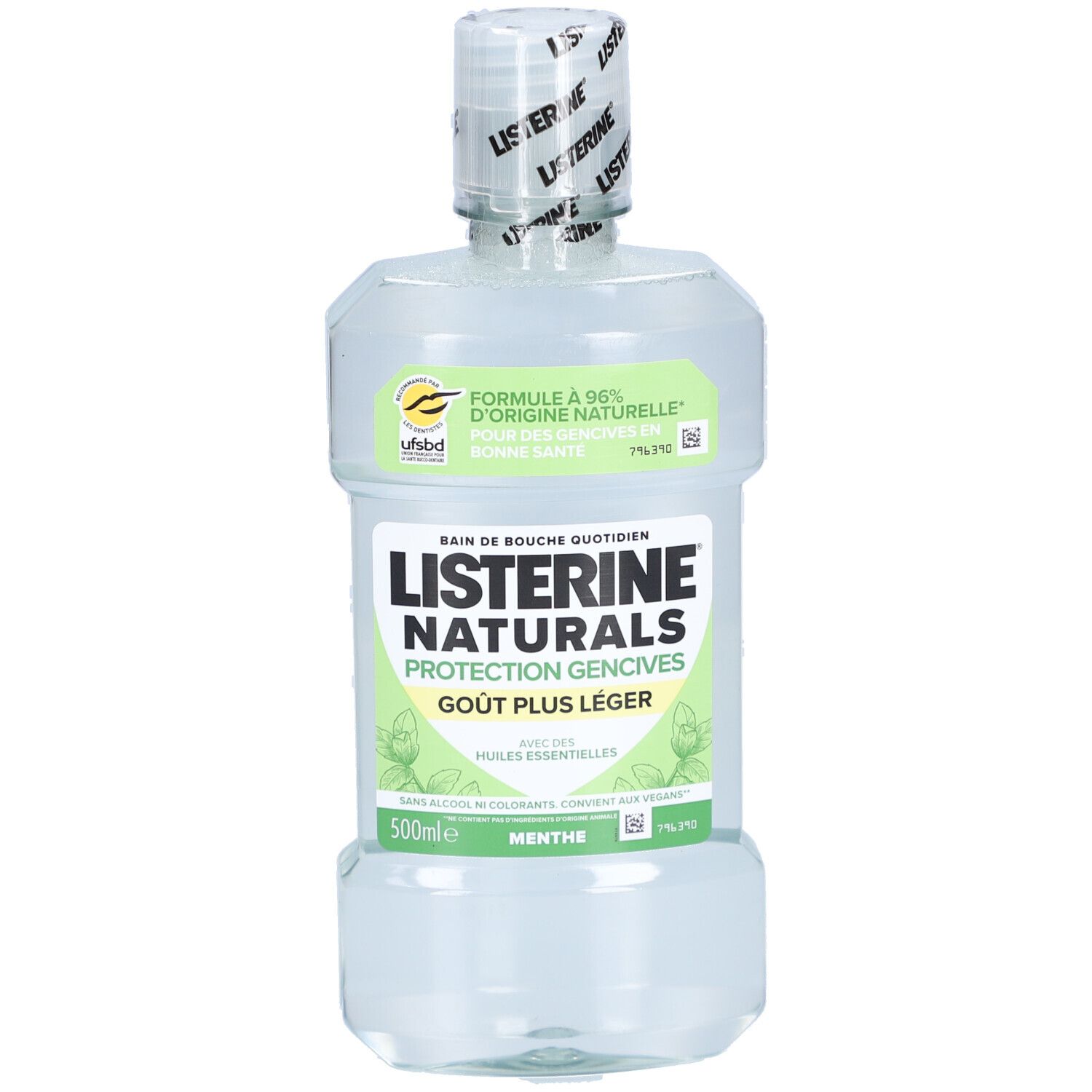 Flacon transparent Listerine Naturals Protection Gencives. Étiquette verte avec texte: Protection des gencives, goût plus léger.