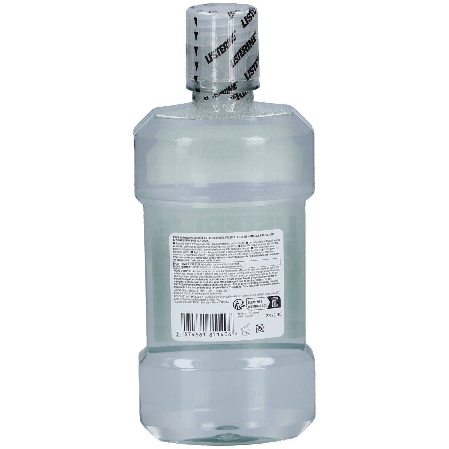 Vue arrière du flacon Listerine Naturals Protection Gencives. Étiquette avec texte et code-barres.