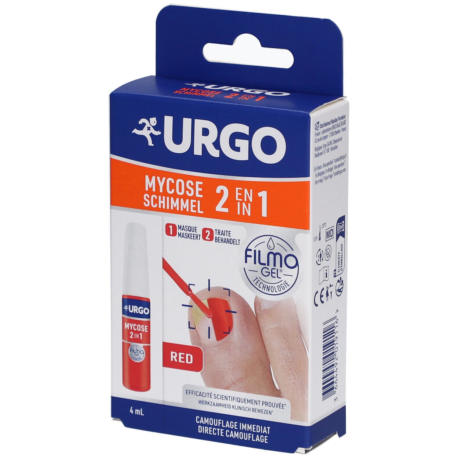 Boîte de URGO Filmogel Mycose 2en1 Rouge. Produit et application illustrés. Couleurs : bleu et rouge.