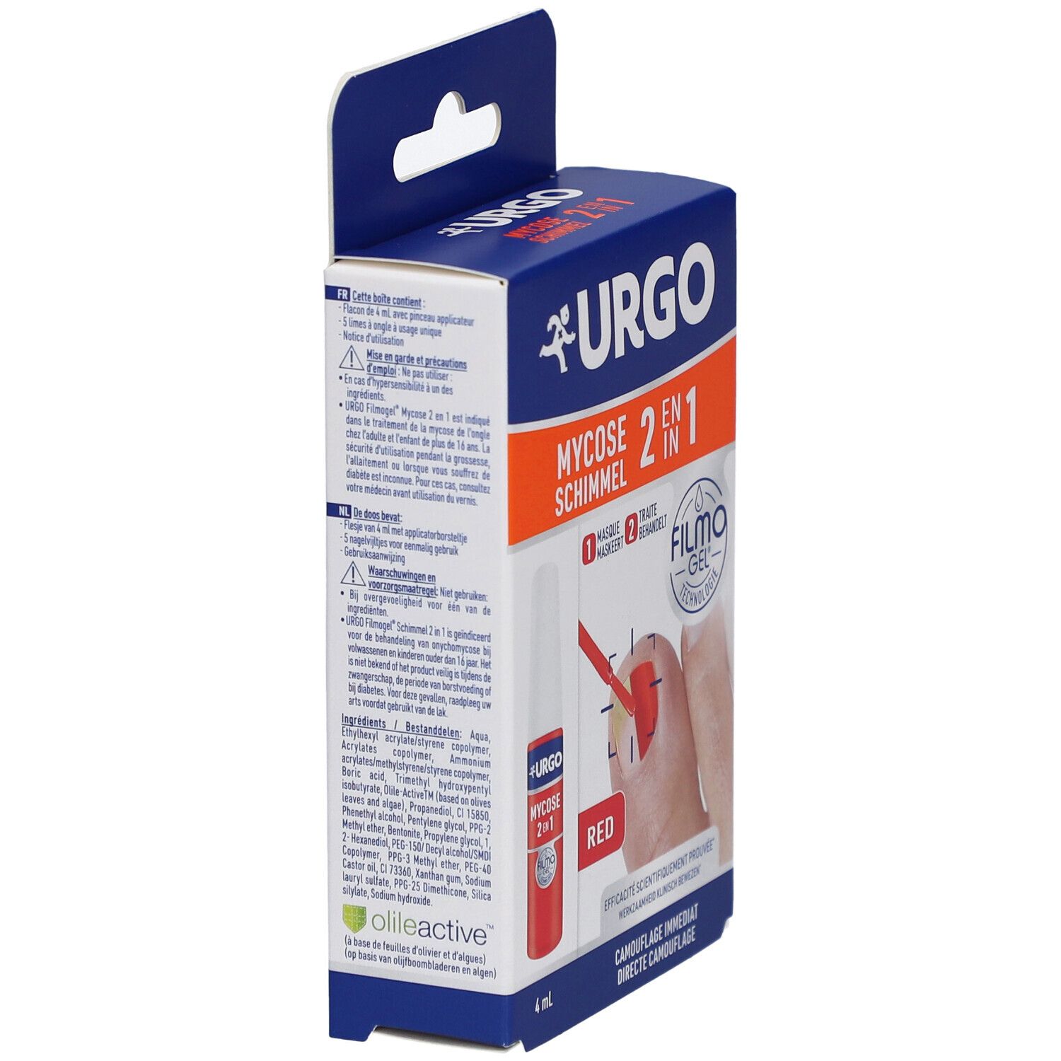 Vue latérale de la boîte de URGO Filmogel Mycose 2en1 Rouge. Produit et application illustrés. Texte multilingue.