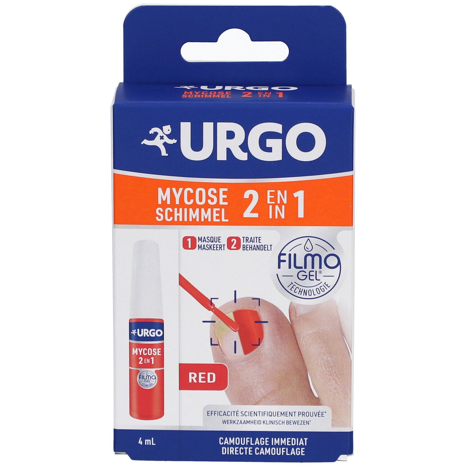Boîte de URGO Filmogel Mycose 2en1 Rouge. Produit et application illustrés. Couleurs : bleu et rouge.