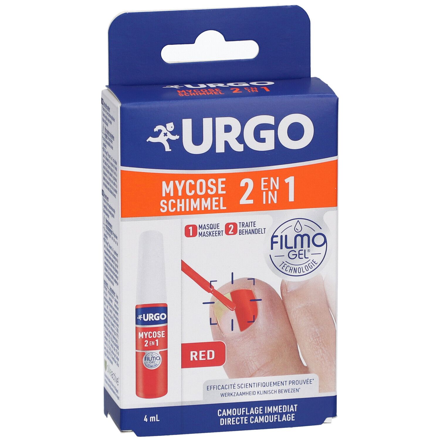 Boîte de URGO Filmogel Mycose 2en1 Rouge. Produit et application illustrés. Couleurs : bleu et rouge.