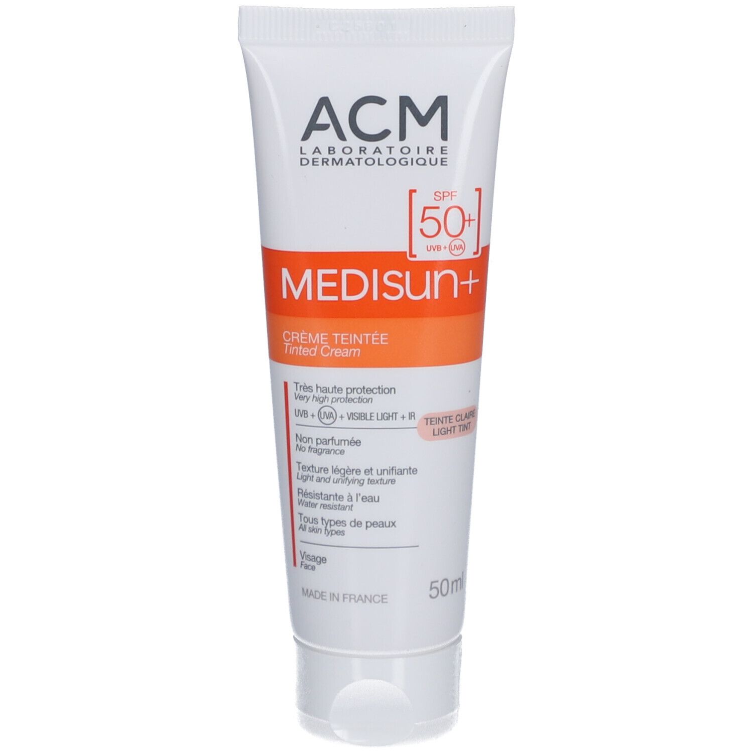 Tube de crème Medisun+ SPF 50+ de la marque ACM. Crème teintée, protection solaire très haute. Contenance 50ml.