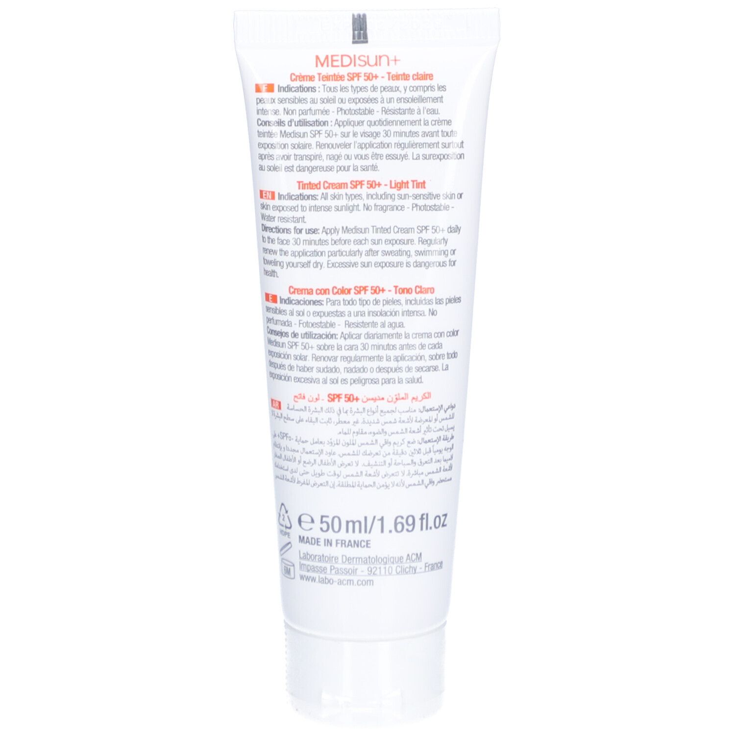 Dos du tube de crème. Informations produit multilingues. Marque ACM, nom Medisun+ SPF 50+. Contenu 50ml.