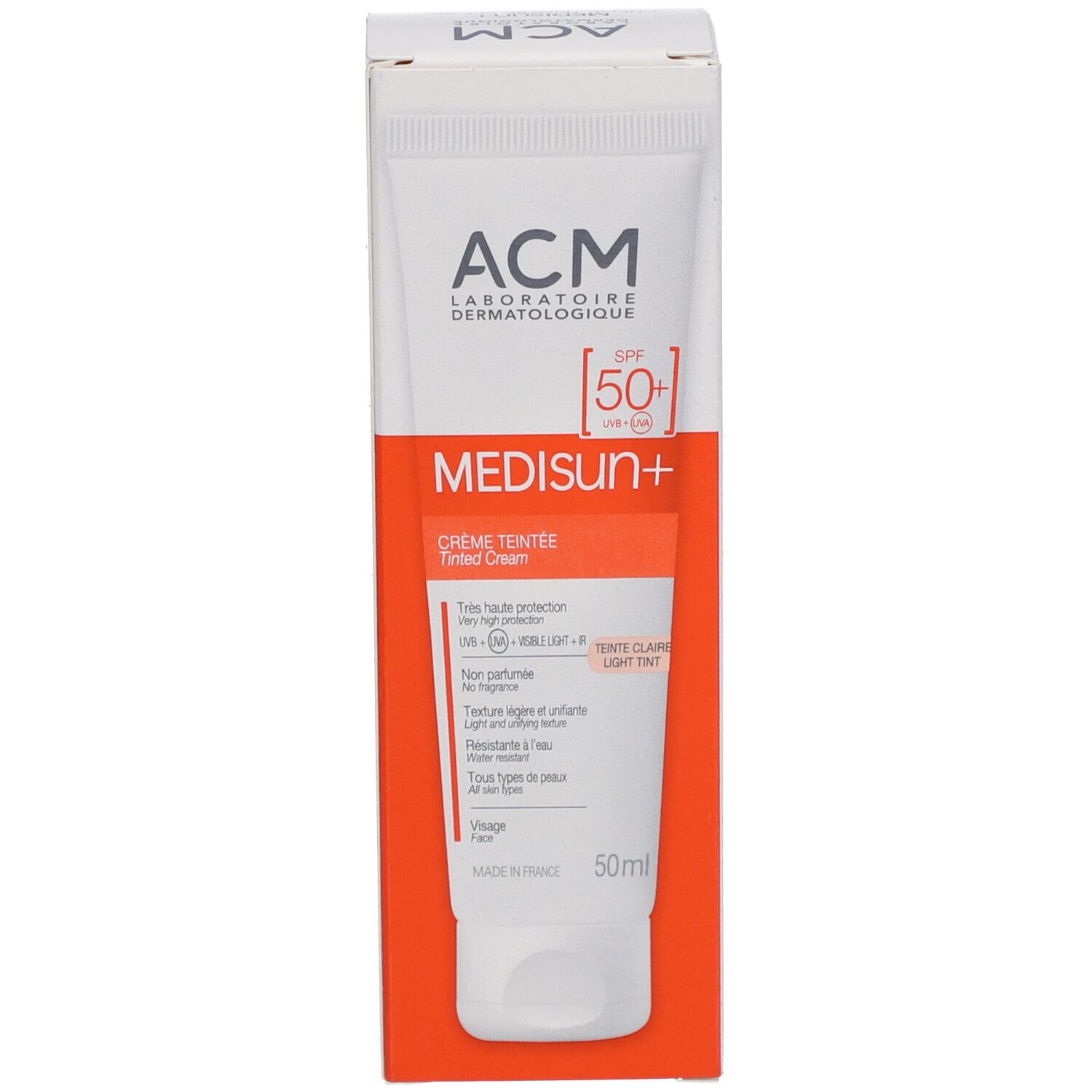 Emballage du produit : tube et boîte. Marque ACM, nom Medisun+ SPF 50+. Crème teintée. Contenu 50ml.