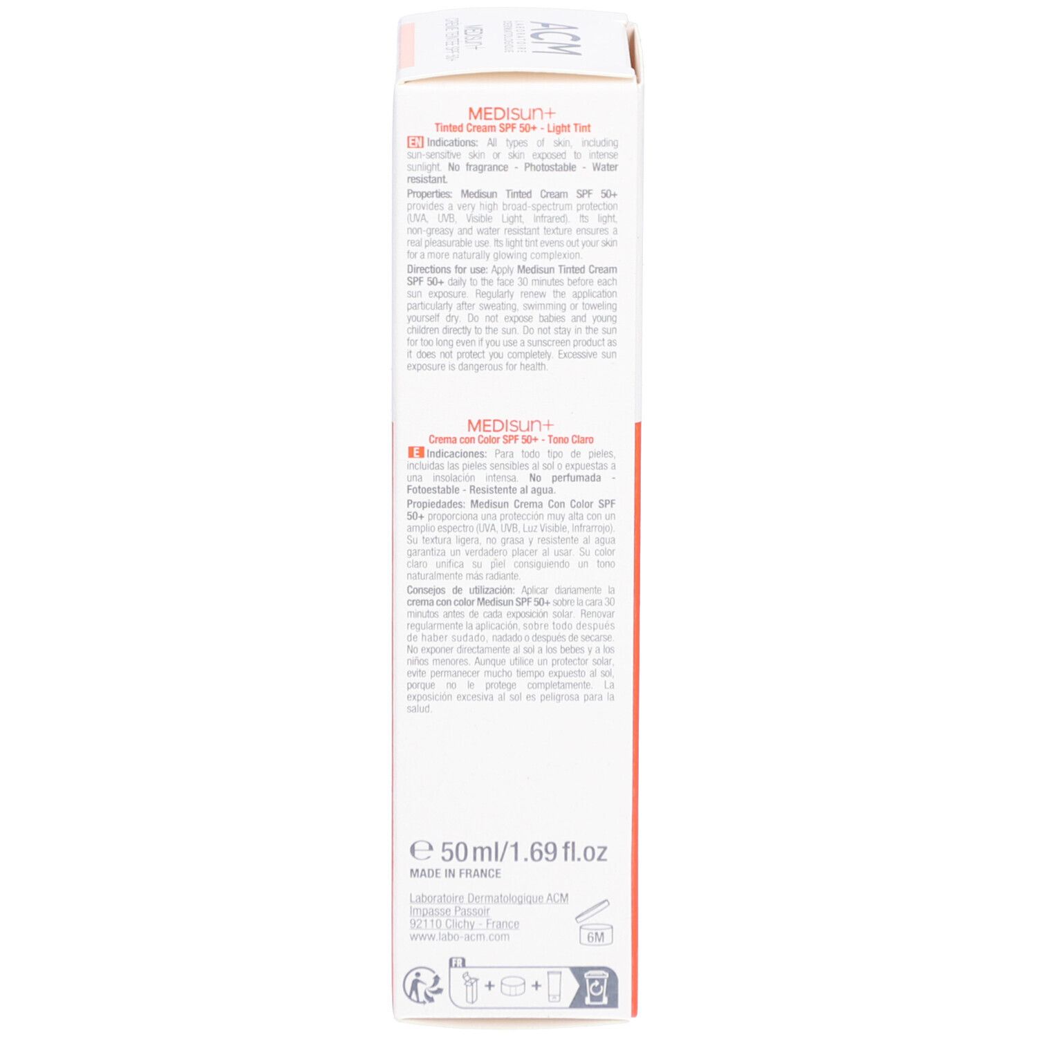 Boîte en carton. Marque ACM, nom Medisun+ SPF 50+. Crème teintée. Informations produit multilingues.