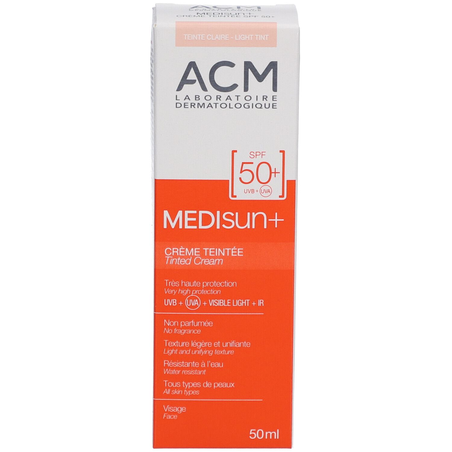Boîte en carton. Marque ACM, nom Medisun+ SPF 50+. Crème teintée. Contenu 50ml.