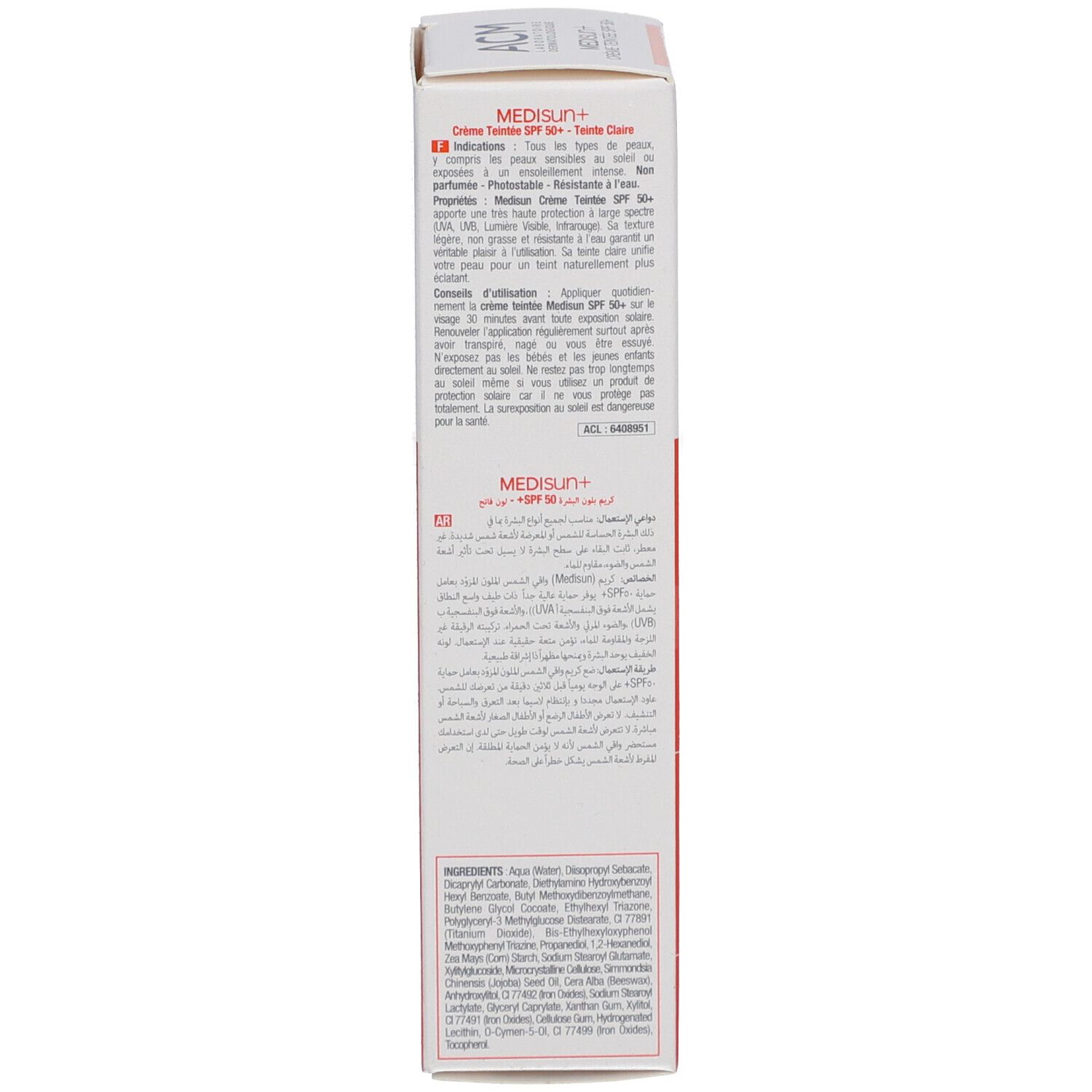 Dos de la boîte en carton. Informations produit multilingues. Marque ACM, nom Medisun+ SPF 50+.