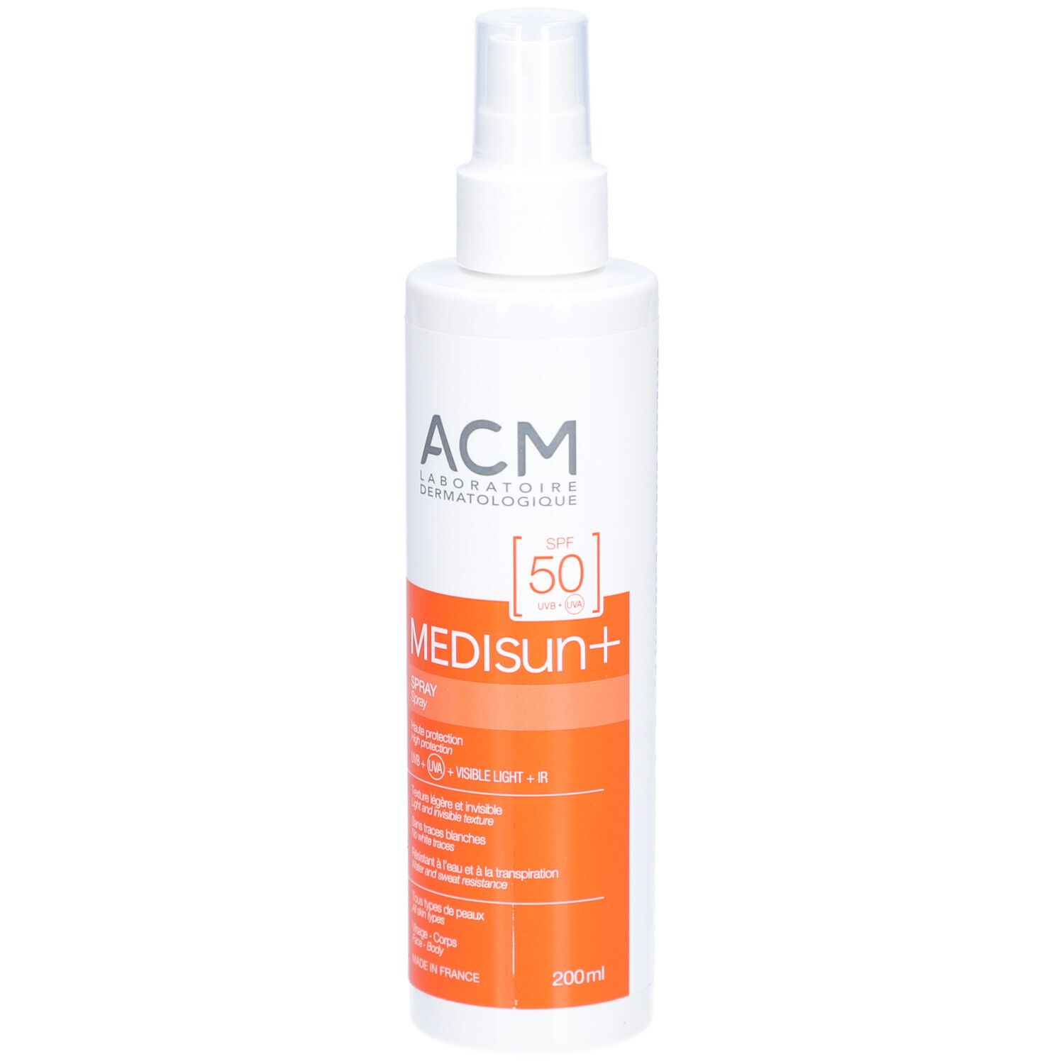 Weißes Sonnenspray mit Sprühkopf. Orangefarbener Streifen mit Text. Marke: ACM Medisun+ SPF 50.
