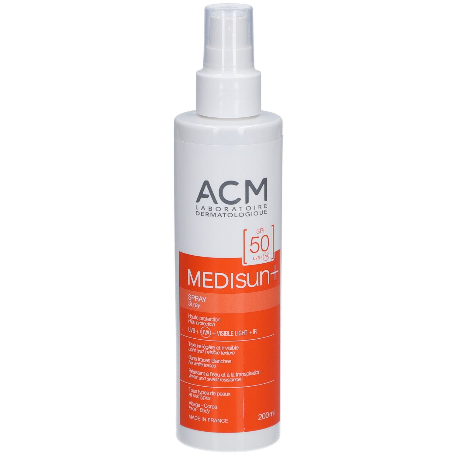 Weißes Sonnenspray mit Sprühkopf. Orangefarbener Streifen mit Text. Marke: ACM Medisun+ SPF 50.